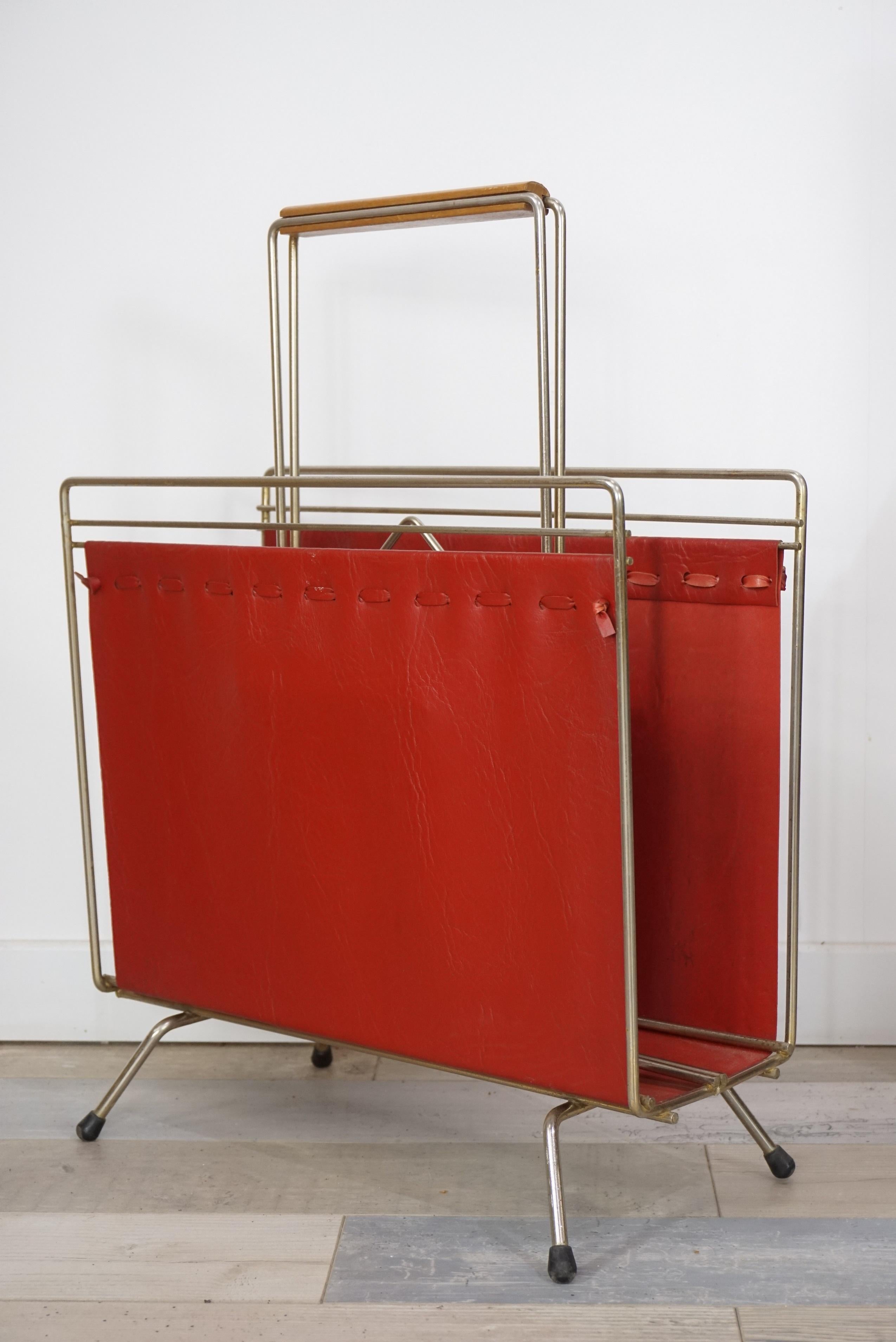 1950s Design Metal and Red Faux Leather Magazine Rack 1