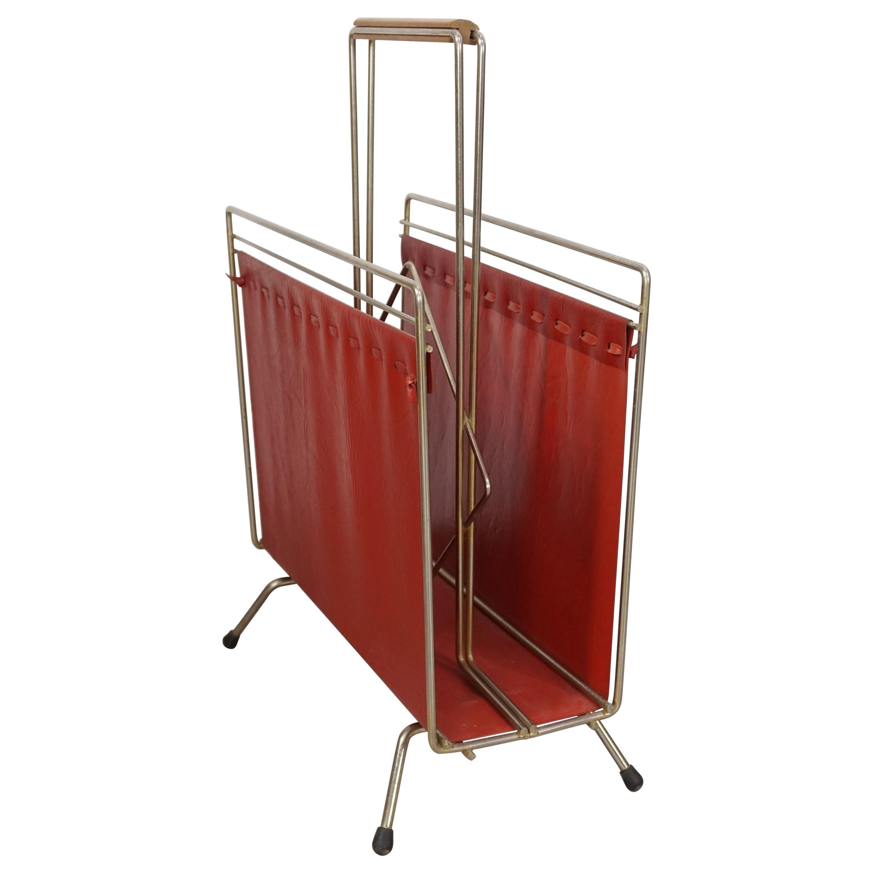 1950s Design Metal and Red Faux Leather Magazine Rack