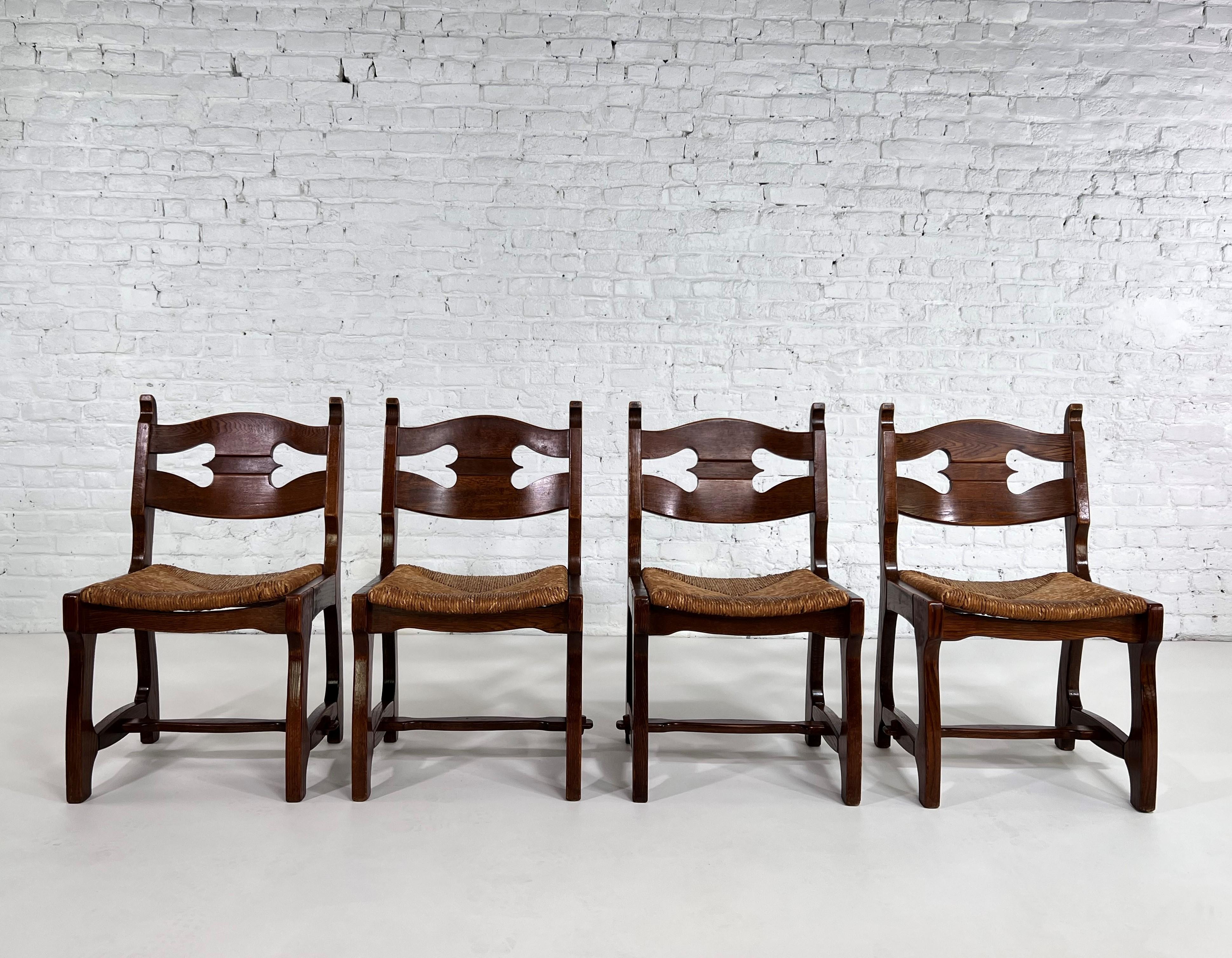 Mid-Century Modern 1950s Design Oak Wooden and Braided Straw Seats Set of 4 Chairs For Sale