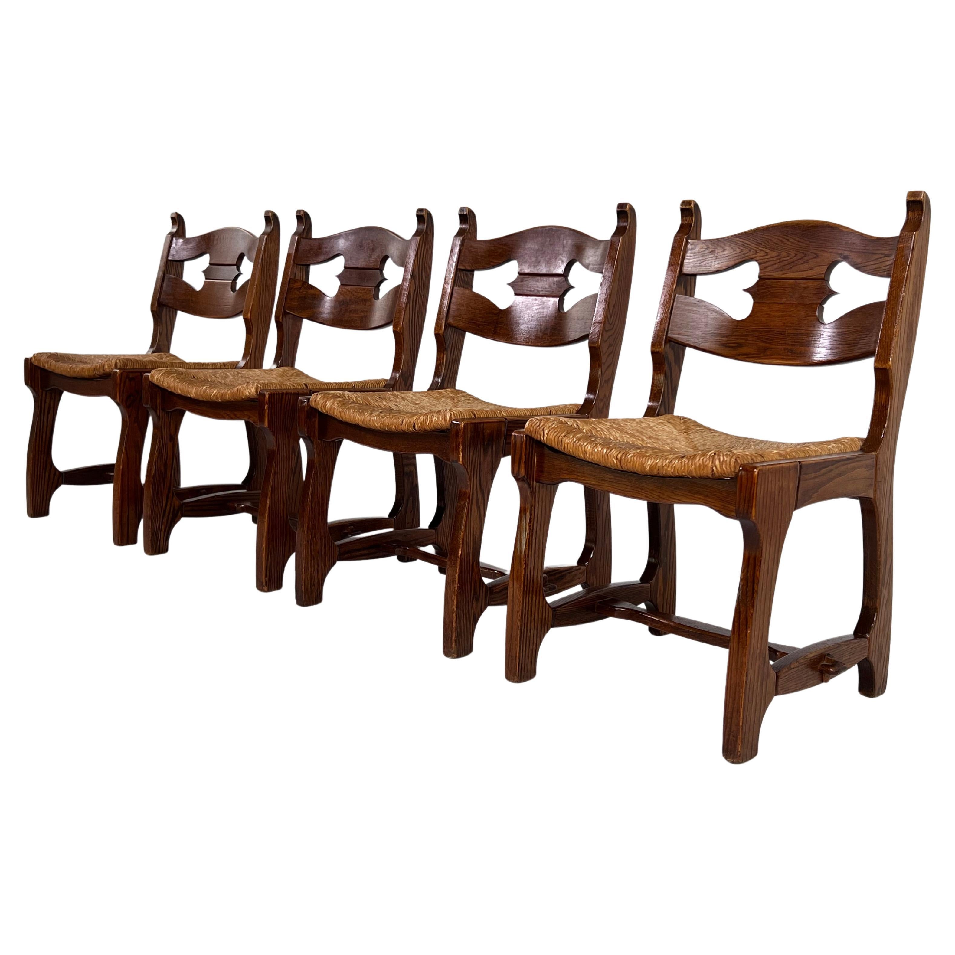 1950s Design Oak Wooden and Braided Straw Seats Set of 4 Chairs