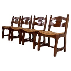 Retro 1950s Design Oak Wooden and Braided Straw Seats Set of 4 Chairs