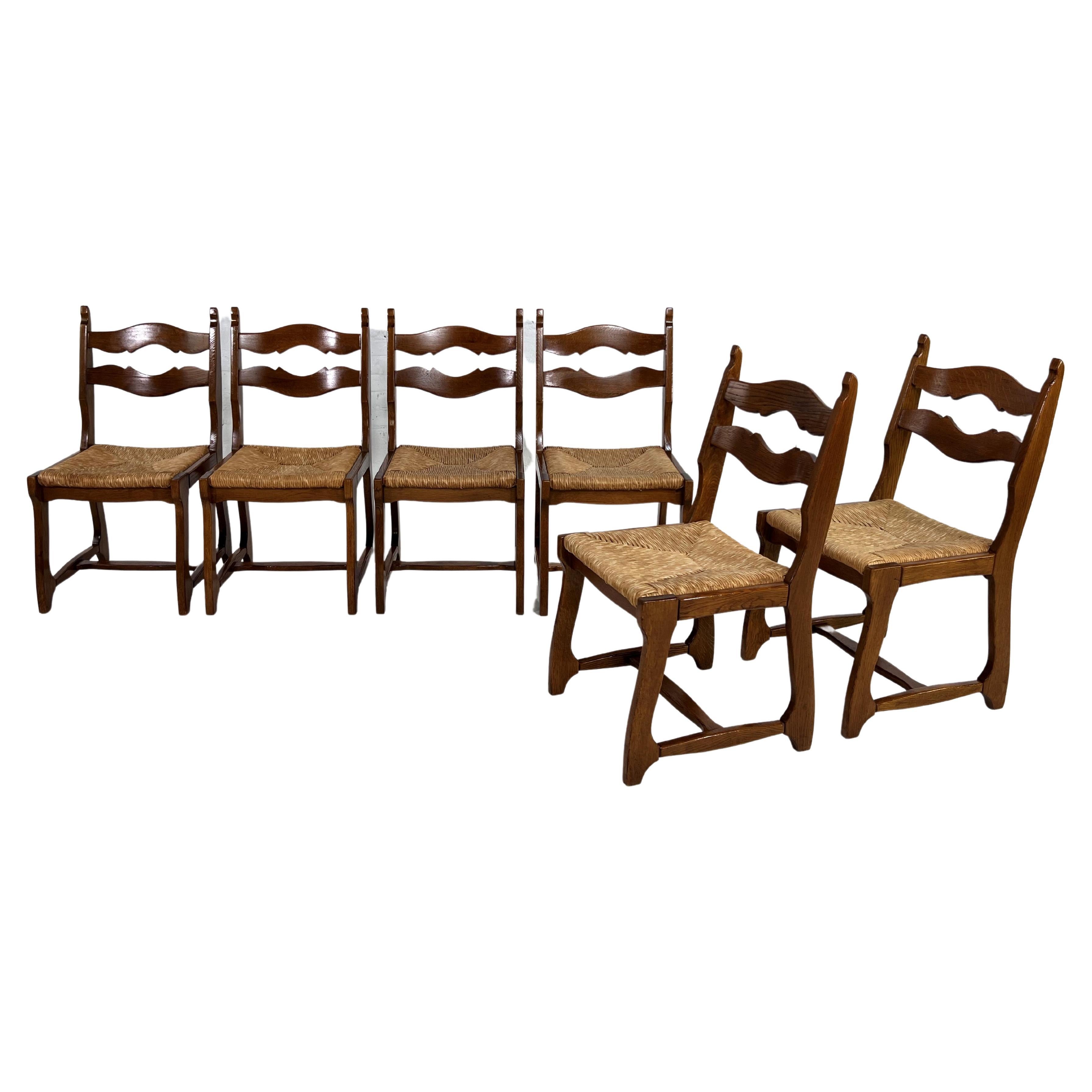 1950s Design Oak Wooden And Braided Straw Seats Set of 6 Chairs For Sale 4