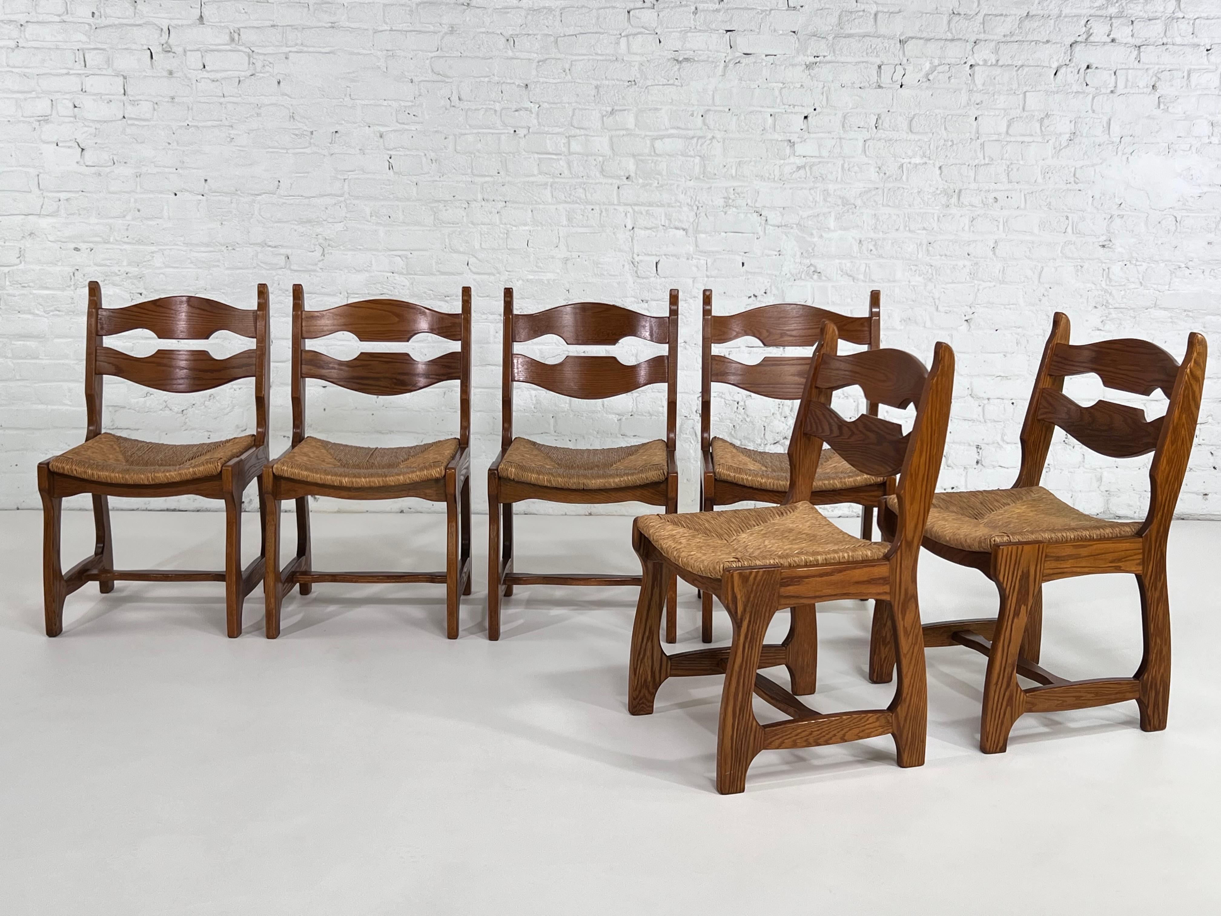 1950s Design Oak Wooden and Braided Straw Seats Set of 6 Chairs For Sale 5