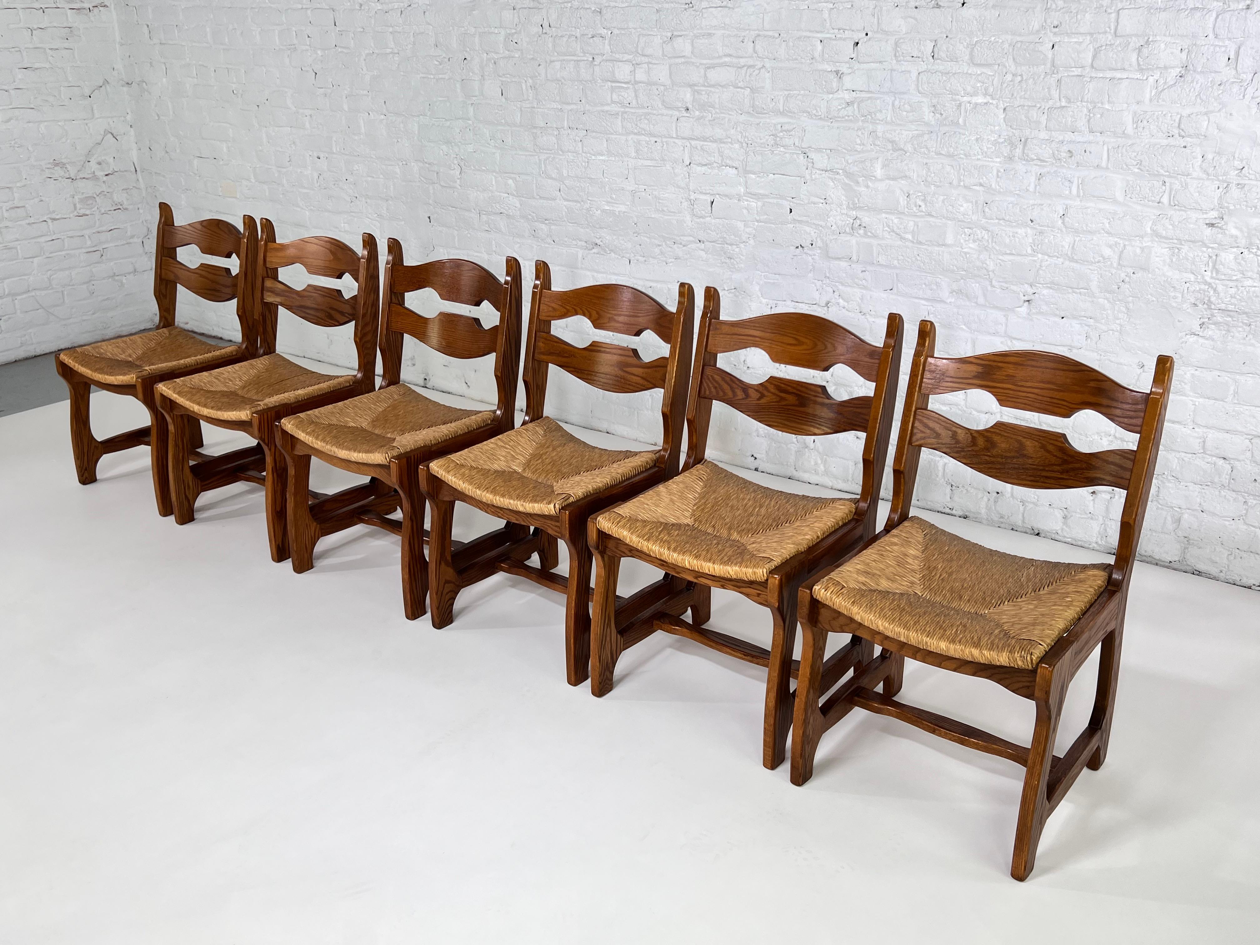 Mid-Century Modern 1950s Design Oak Wooden and Braided Straw Seats Set of 6 Chairs For Sale