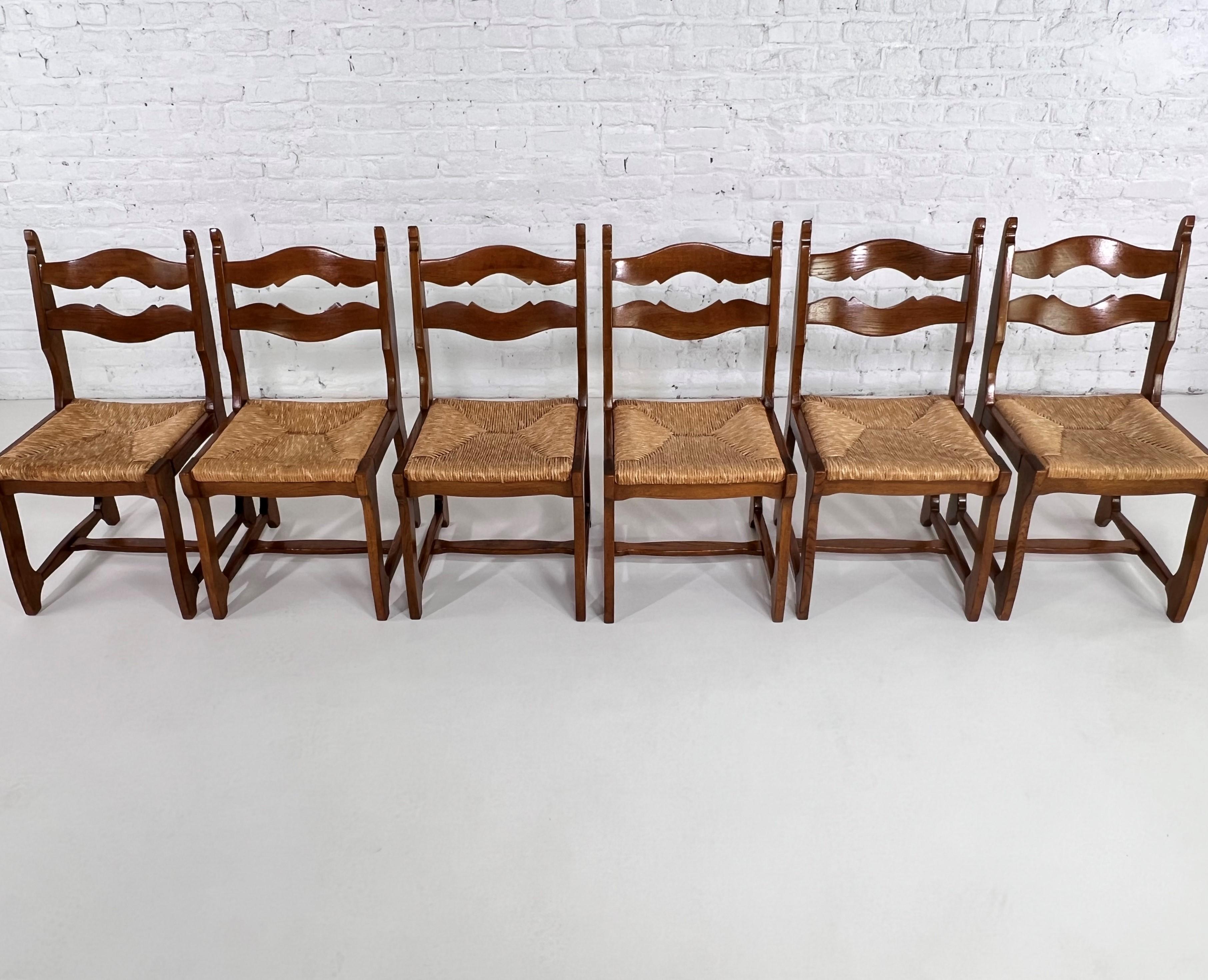 Mid-Century Modern 1950s Design Oak Wooden And Braided Straw Seats Set of 6 Chairs For Sale