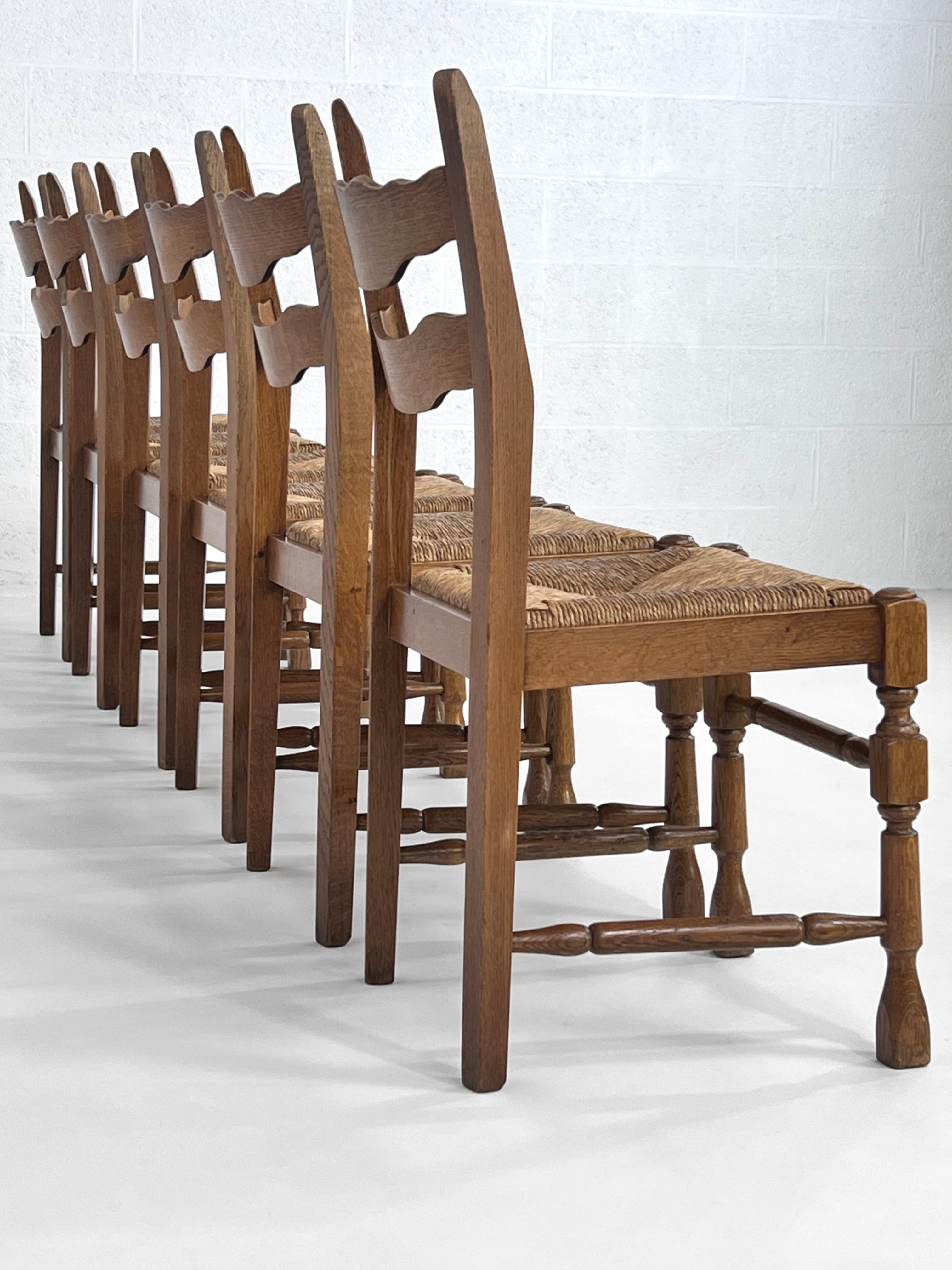 Mid-Century Modern 1950s Design Oak Wooden and Braided Straw Seats Set of 6 Chairs
