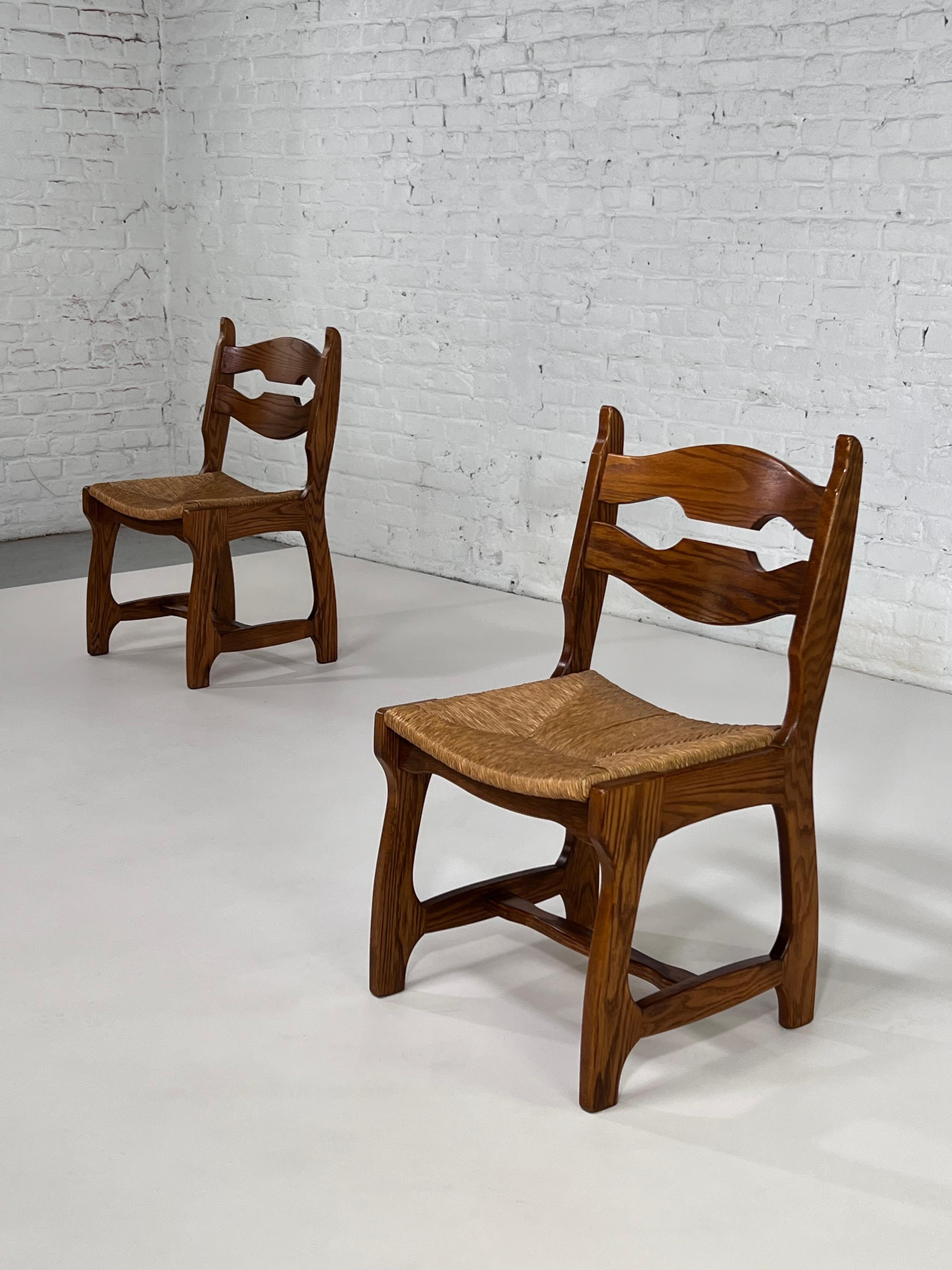 European 1950s Design Oak Wooden and Braided Straw Seats Set of 6 Chairs For Sale