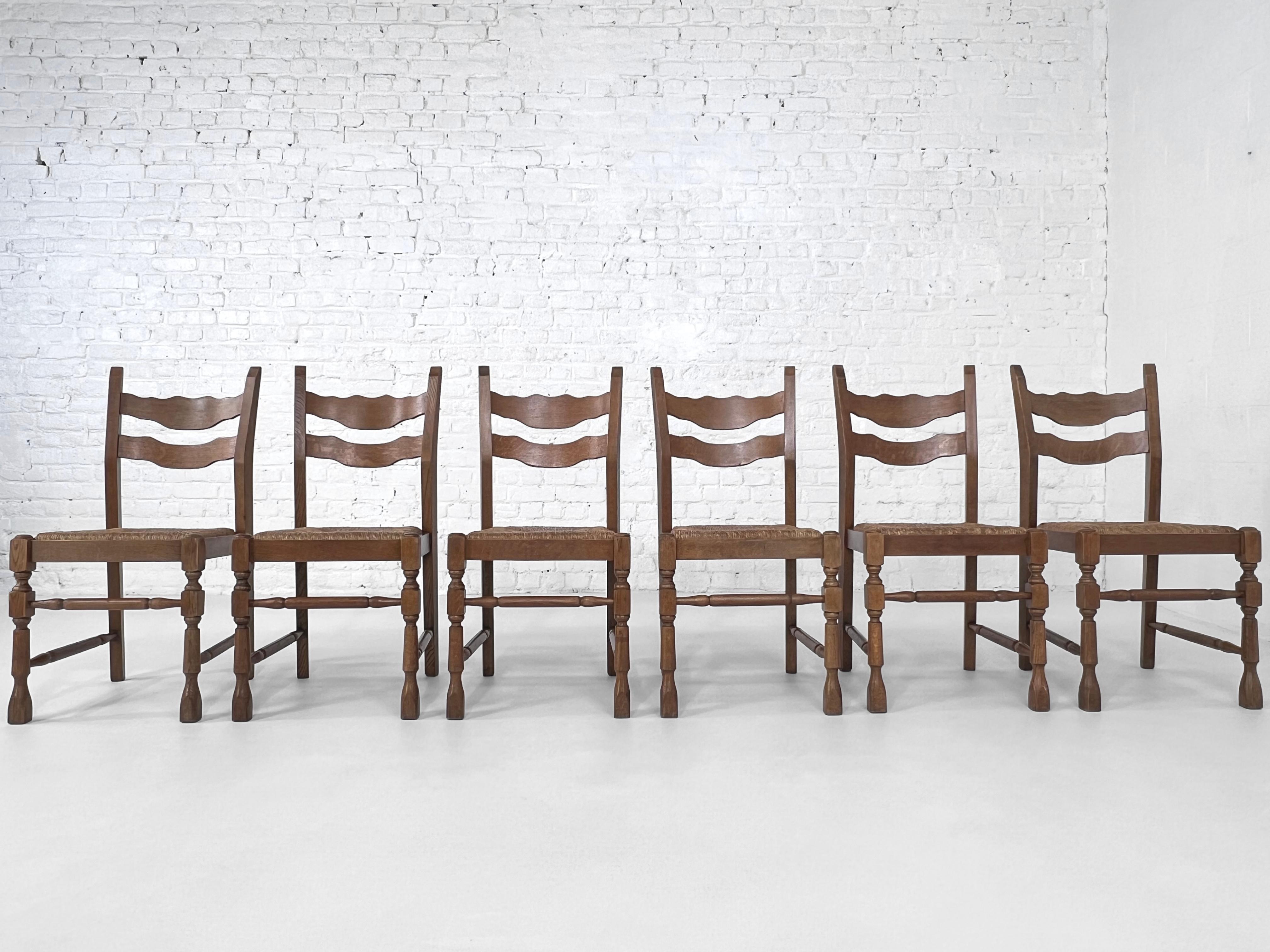 European 1950s Design Oak Wooden and Braided Straw Seats Set of 6 Chairs