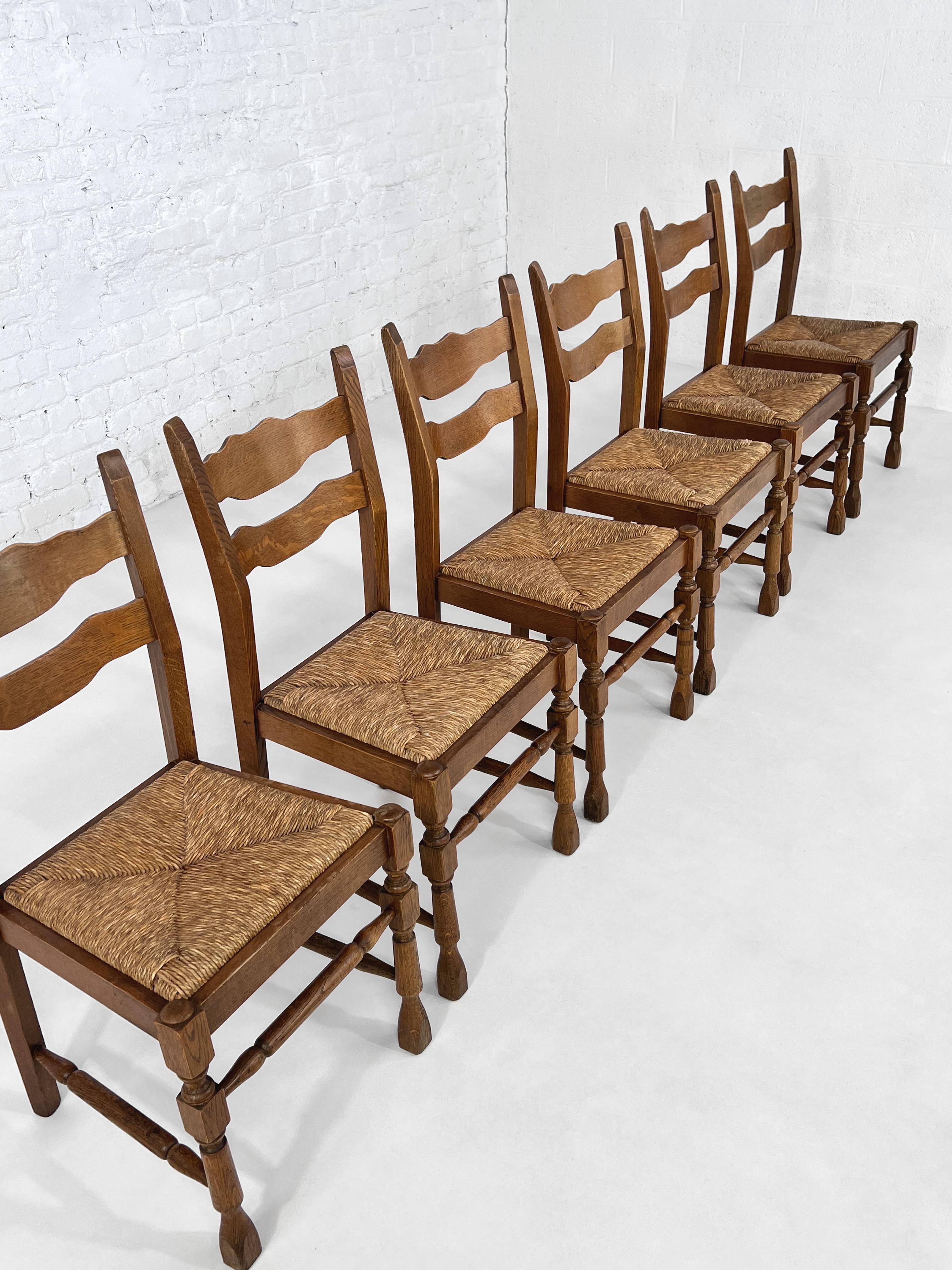 1950s Design Oak Wooden and Braided Straw Seats Set of 6 Chairs In Good Condition In Tourcoing, FR