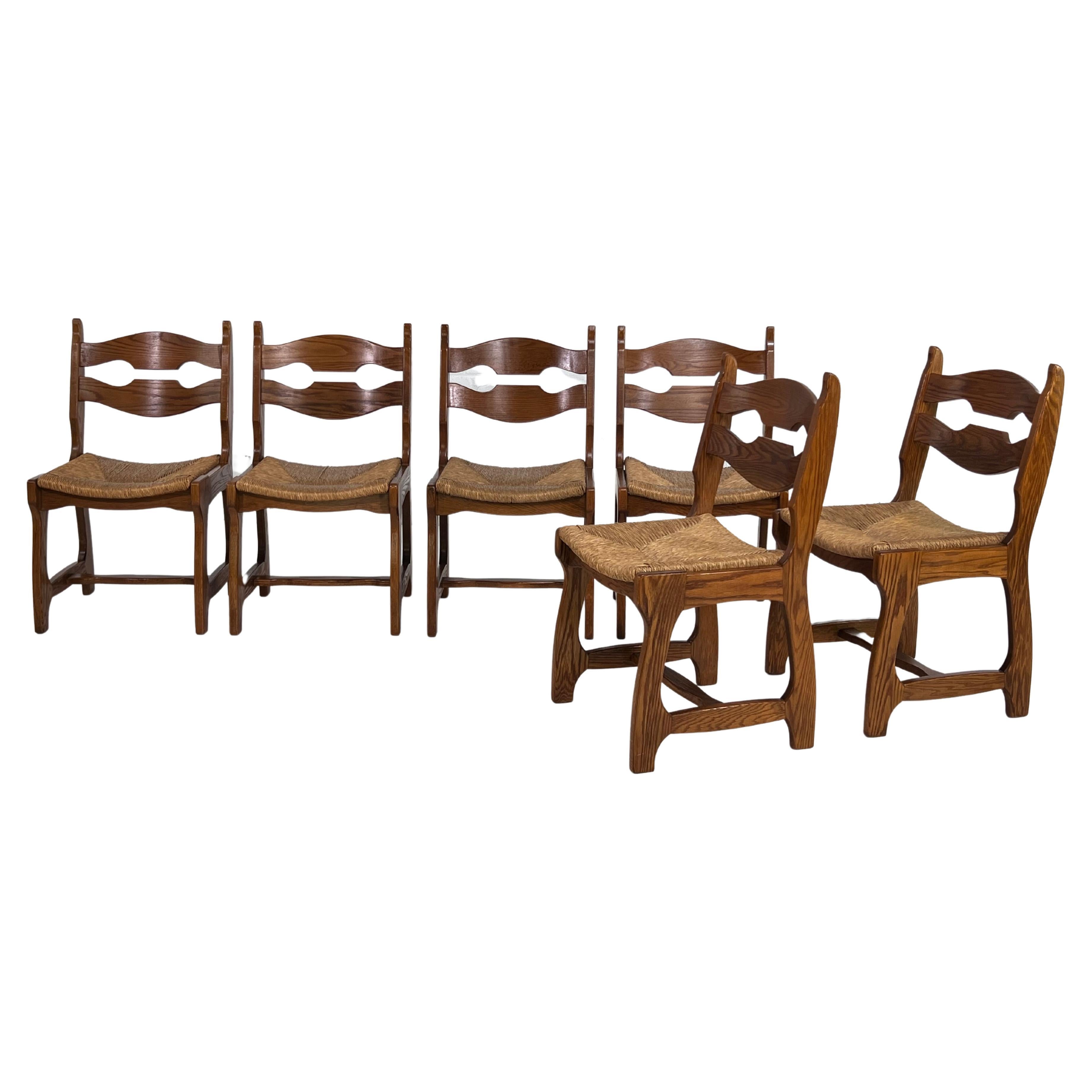1950s Design Oak Wooden and Braided Straw Seats Set of 6 Chairs For Sale