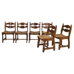 Retro 1950s Design Oak Wooden and Braided Straw Seats Set of 6 Chairs