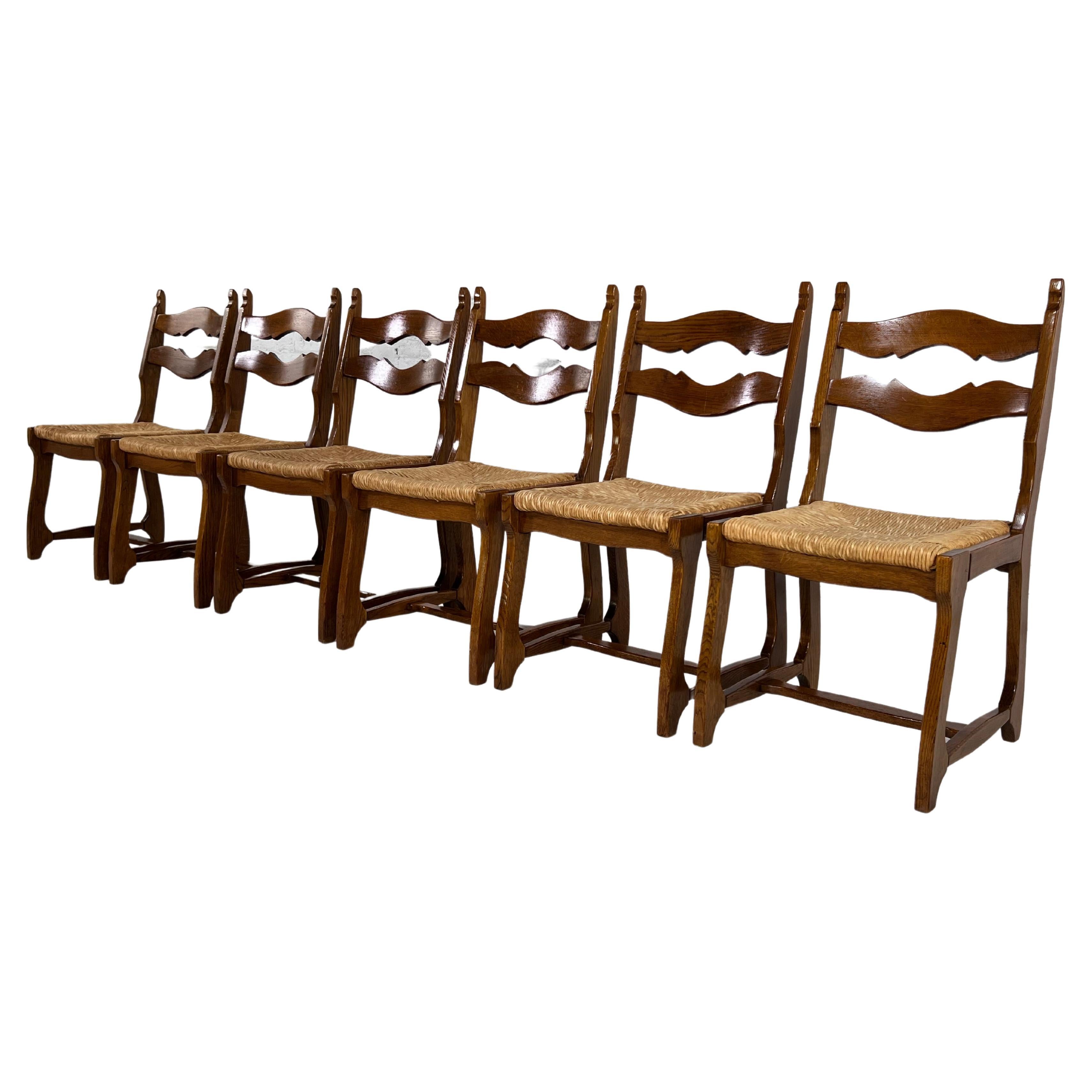 1950s Design Oak Wooden And Braided Straw Seats Set of 6 Chairs For Sale