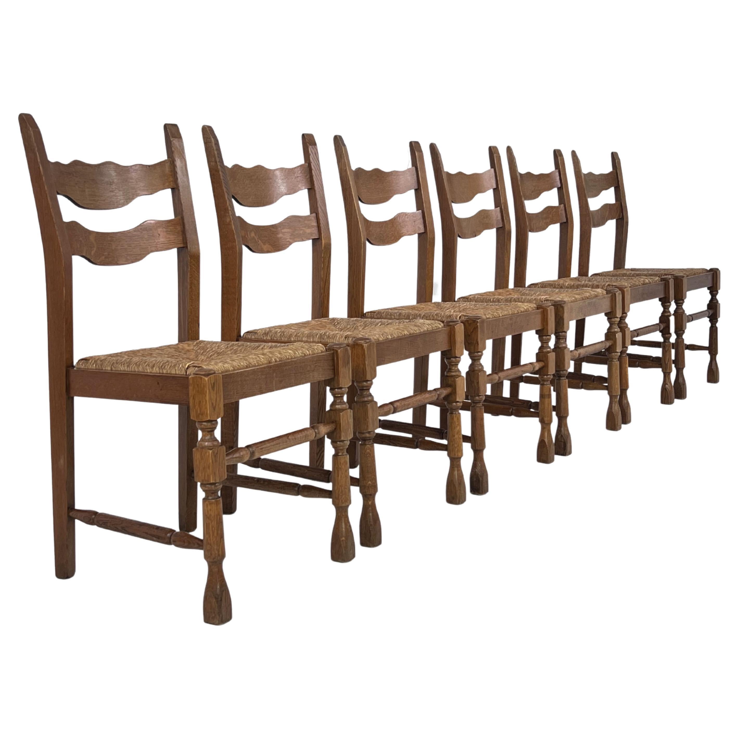 1950s Design Oak Wooden and Braided Straw Seats Set of 6 Chairs