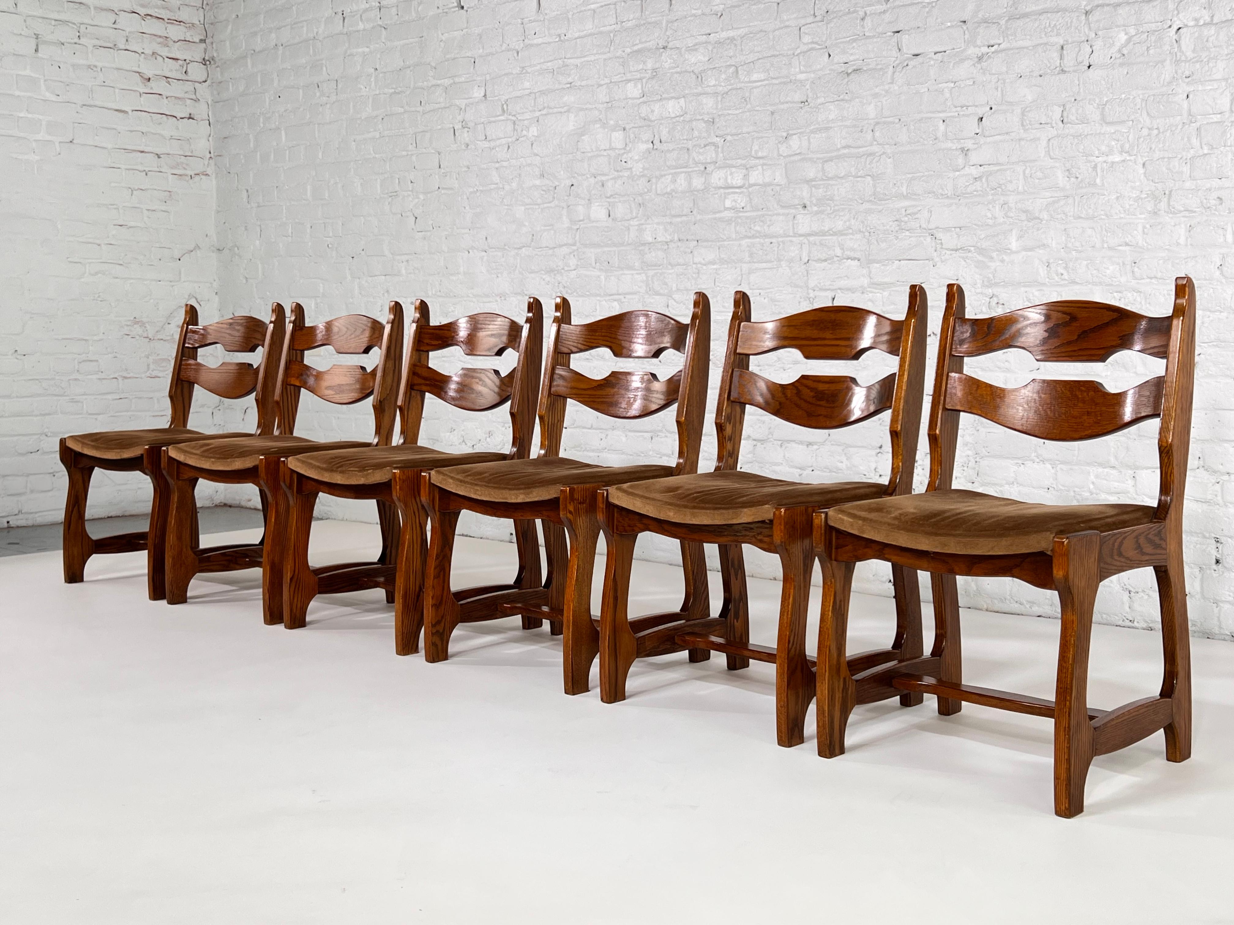 Mid-Century Modern 1950s Design Oak Wooden And Velvet Seat Set of 6 Chairs For Sale
