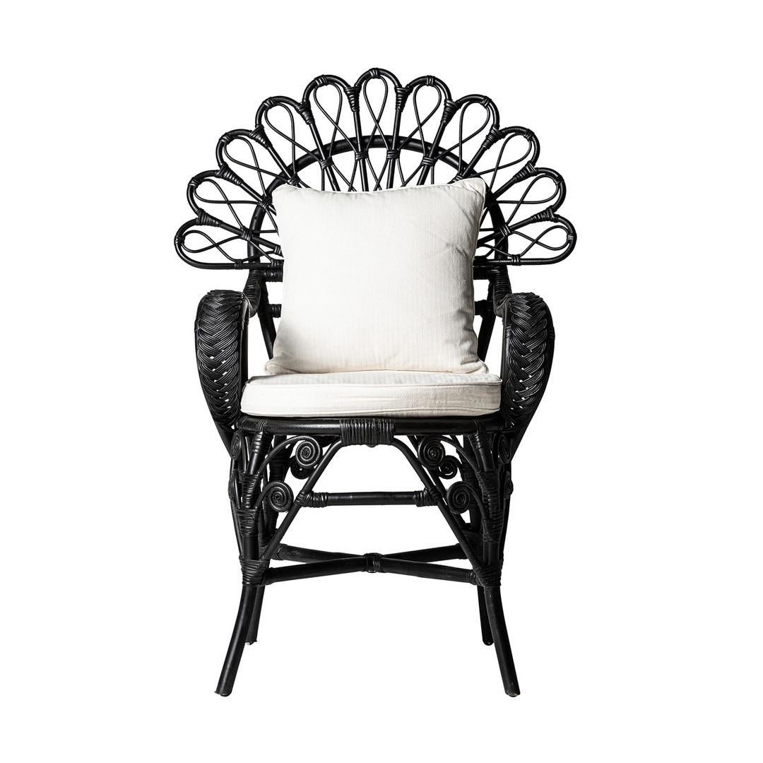 1950s Design Style Black Lacquered Rattan Peacock Armchair In New Condition For Sale In Tourcoing, FR
