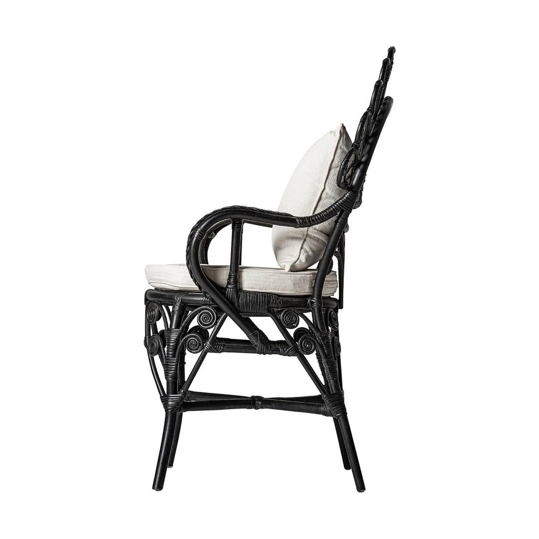 1950s Design Style Black Lacquered Rattan Peacock Armchair For Sale 1