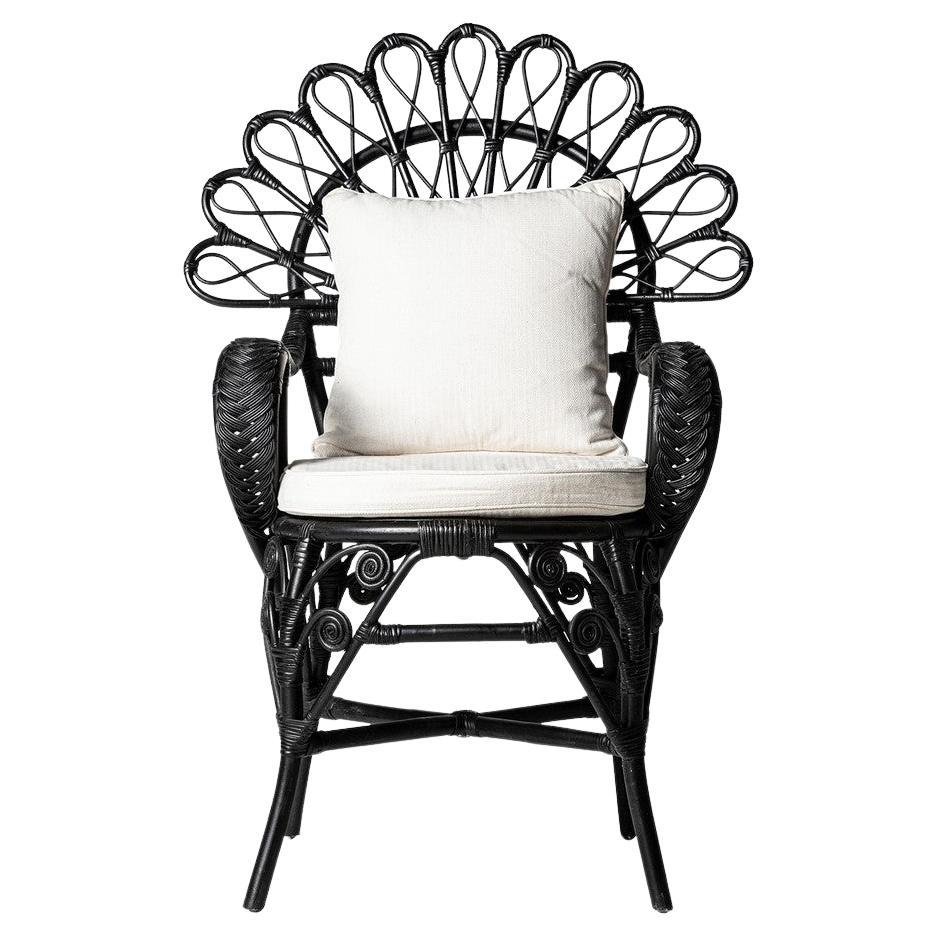 1950s Design Style Black Lacquered Rattan Peacock Armchair For Sale