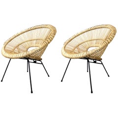 1950s Design Style Rattan and Black Metal Pair of Armchairs