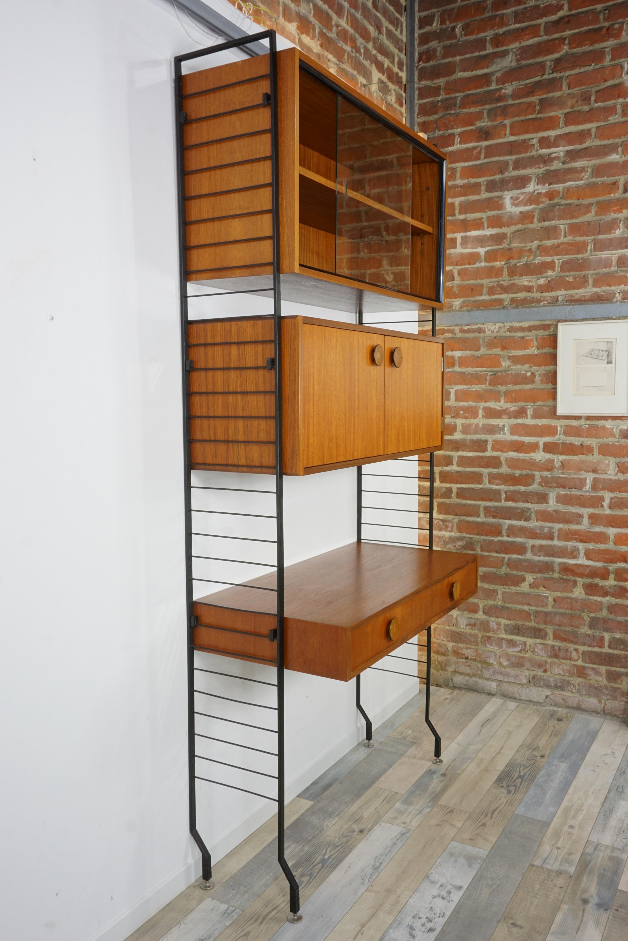 1950s Design Teak Wooden and Black Metal Wall Unit Shelves or Cabinet 4