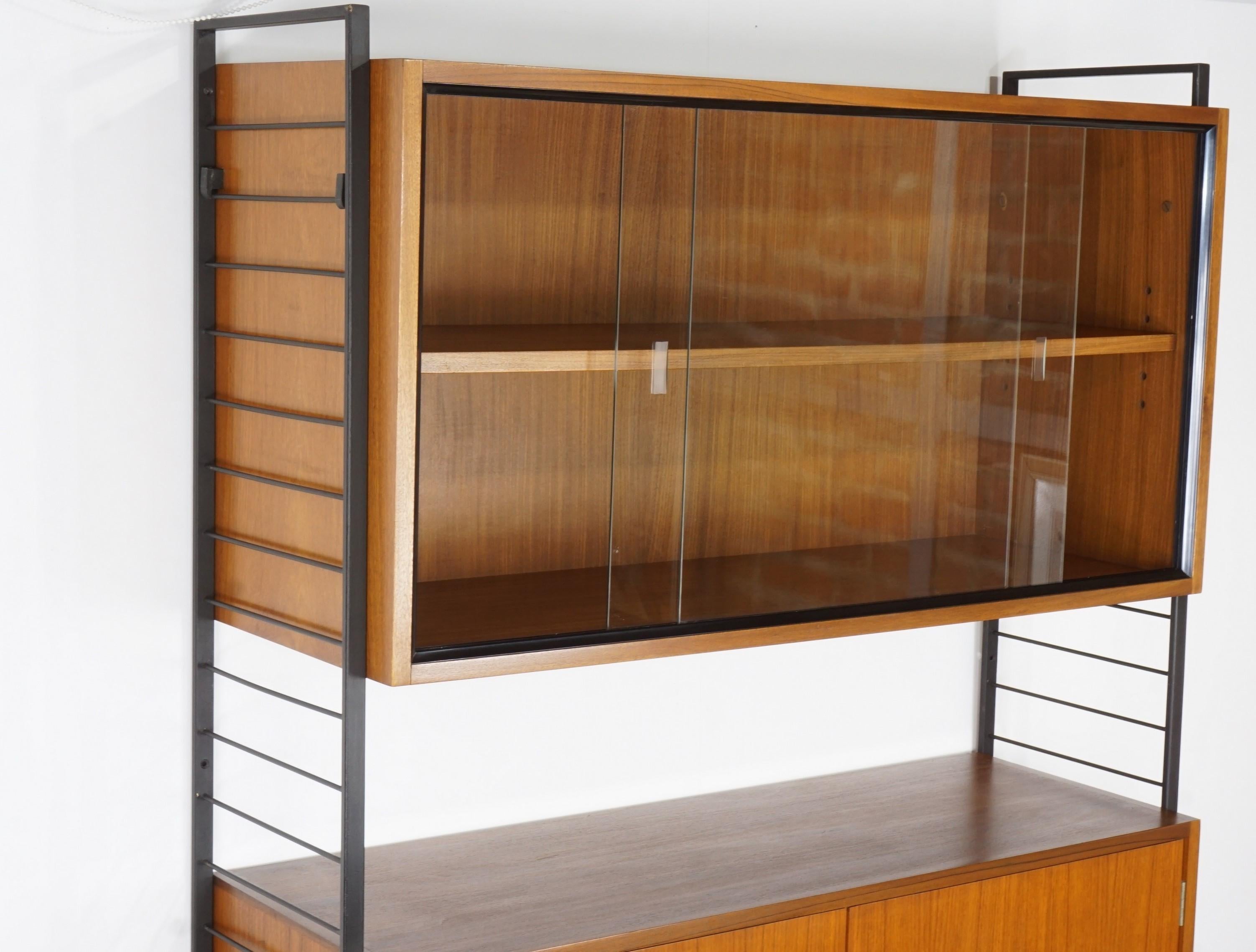 1950s Design Teak Wooden and Black Metal Wall Unit Shelves or Cabinet 5