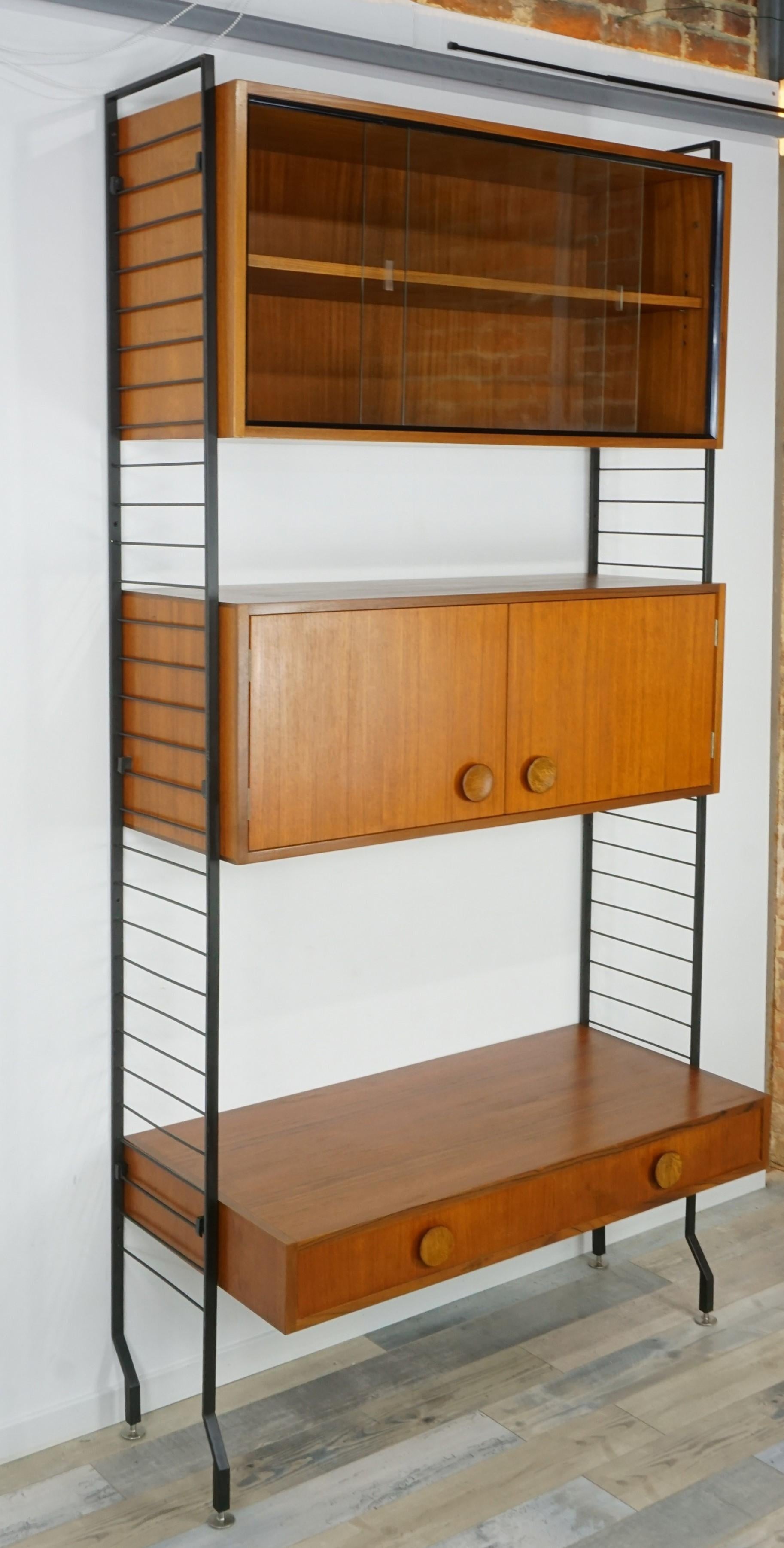 1950s Design Teak Wooden and Black Metal Wall Unit Shelves or Cabinet 6