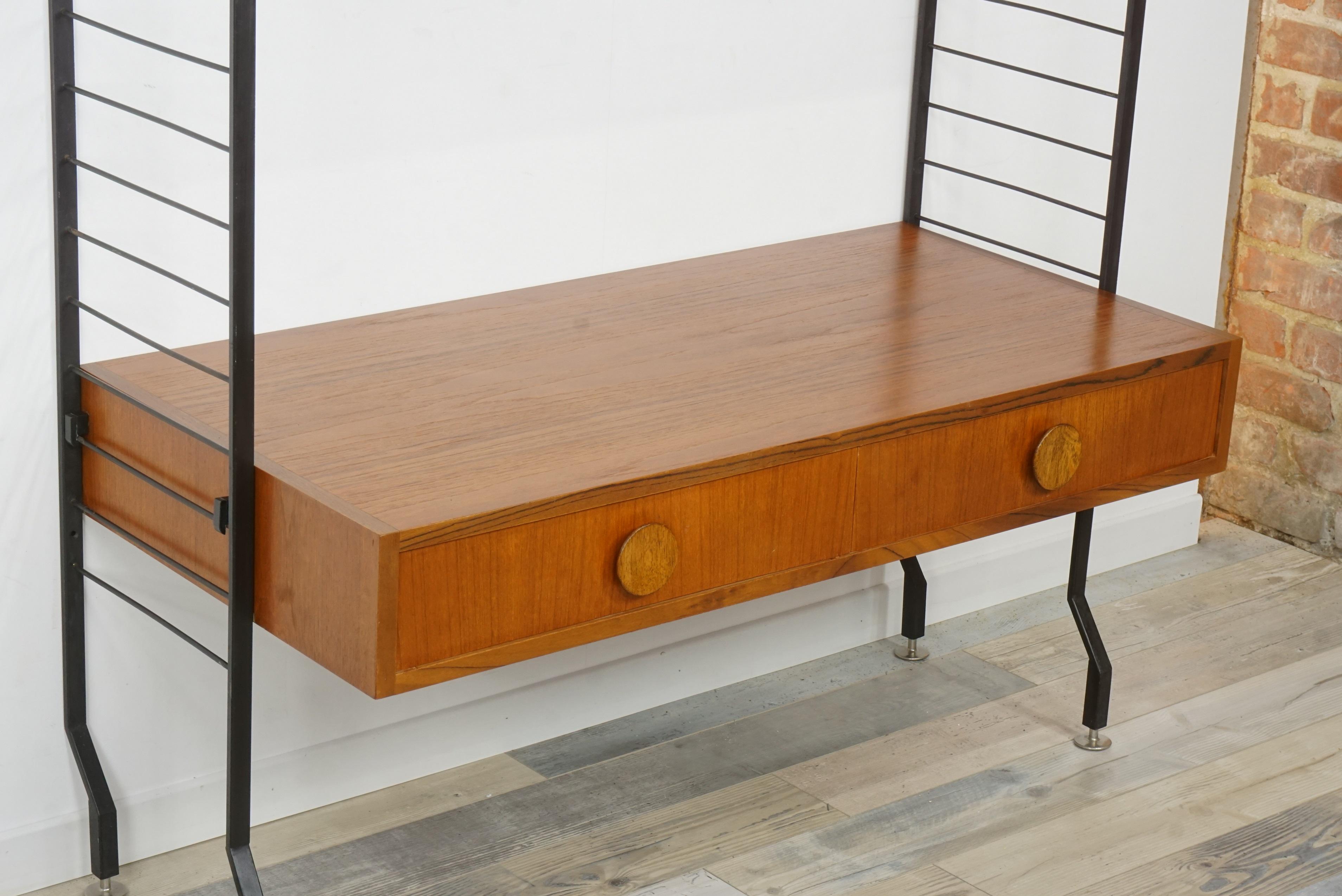 1950s Design Teak Wooden and Black Metal Wall Unit Shelves or Cabinet 8