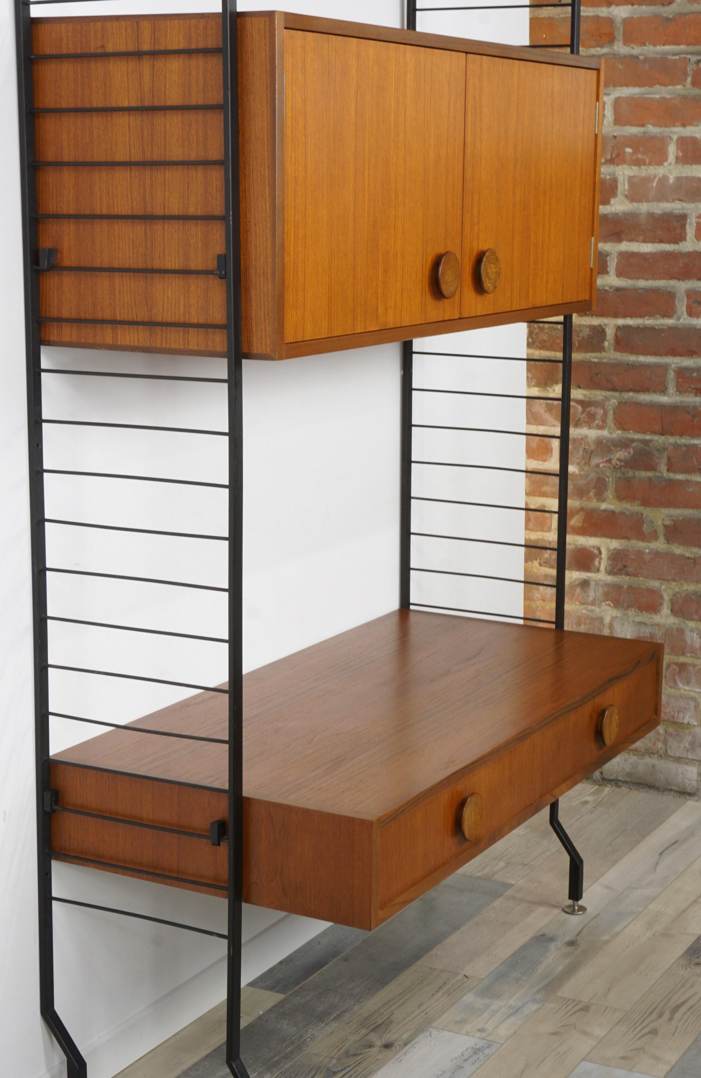 1950s Design Teak Wooden and Black Metal Wall Unit Shelves or Cabinet 9