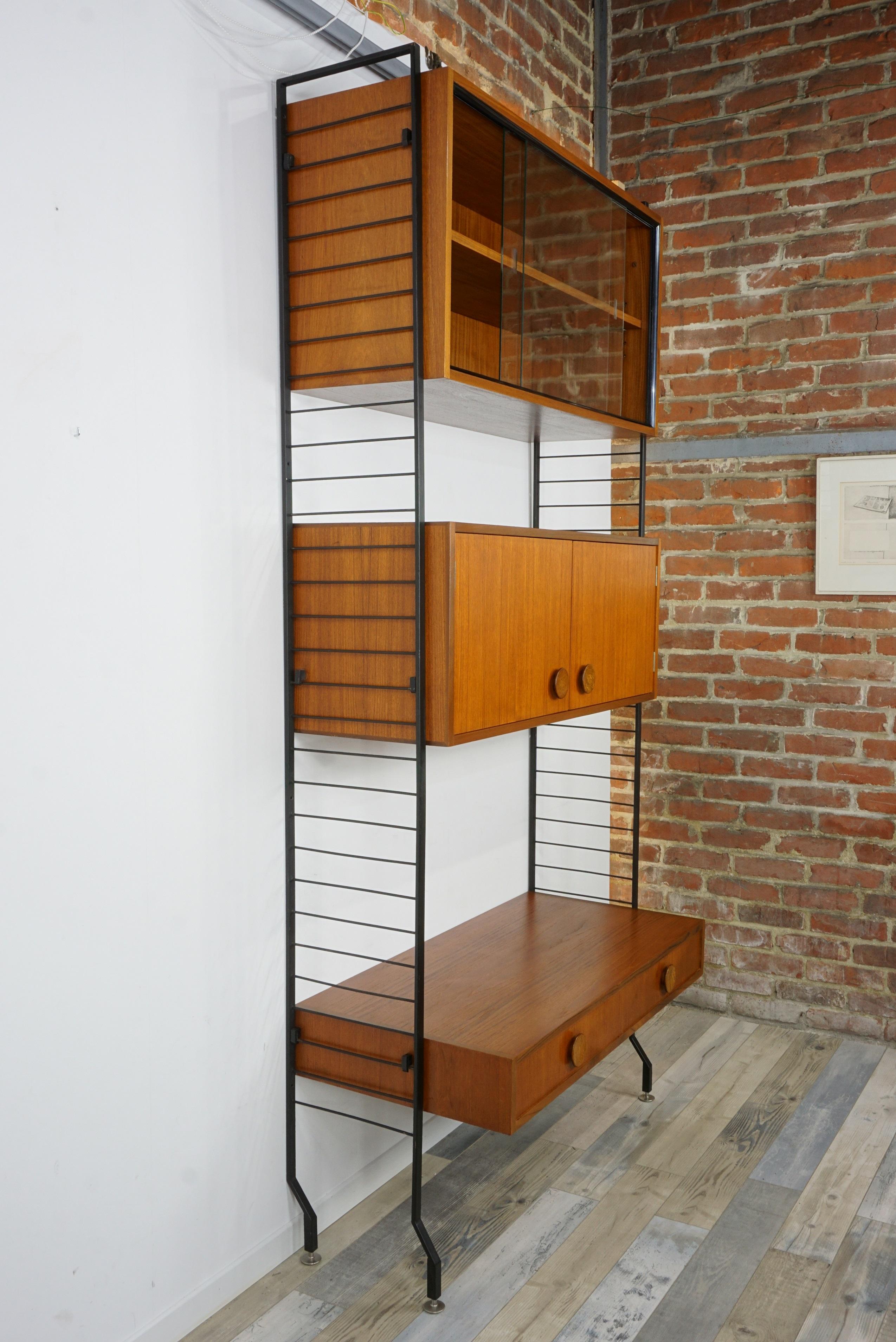 1950s Design Teak Wooden and Black Metal Wall Unit Shelves or Cabinet 10