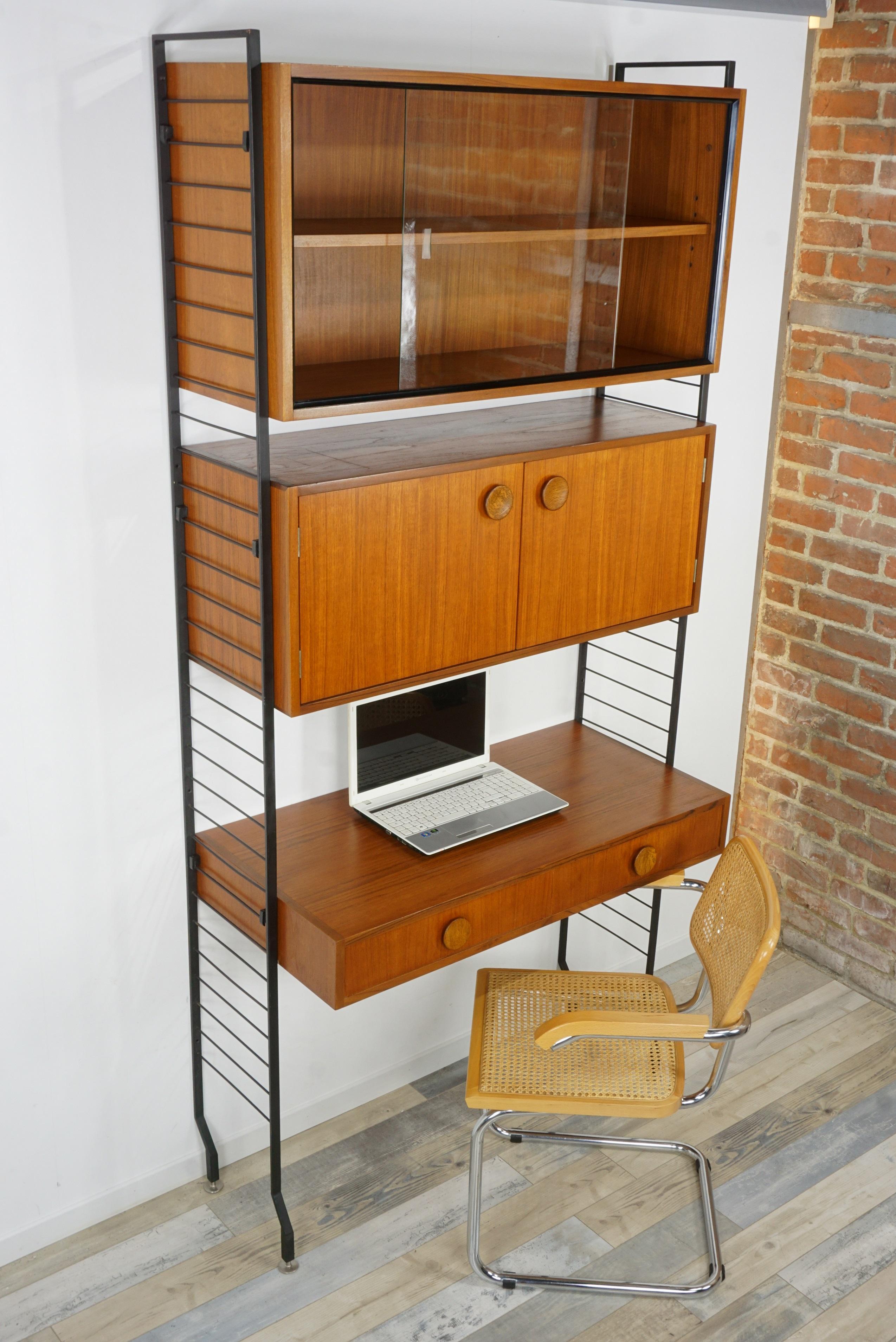 1950s Design Teak Wooden and Black Metal Wall Unit Shelves or Cabinet 11