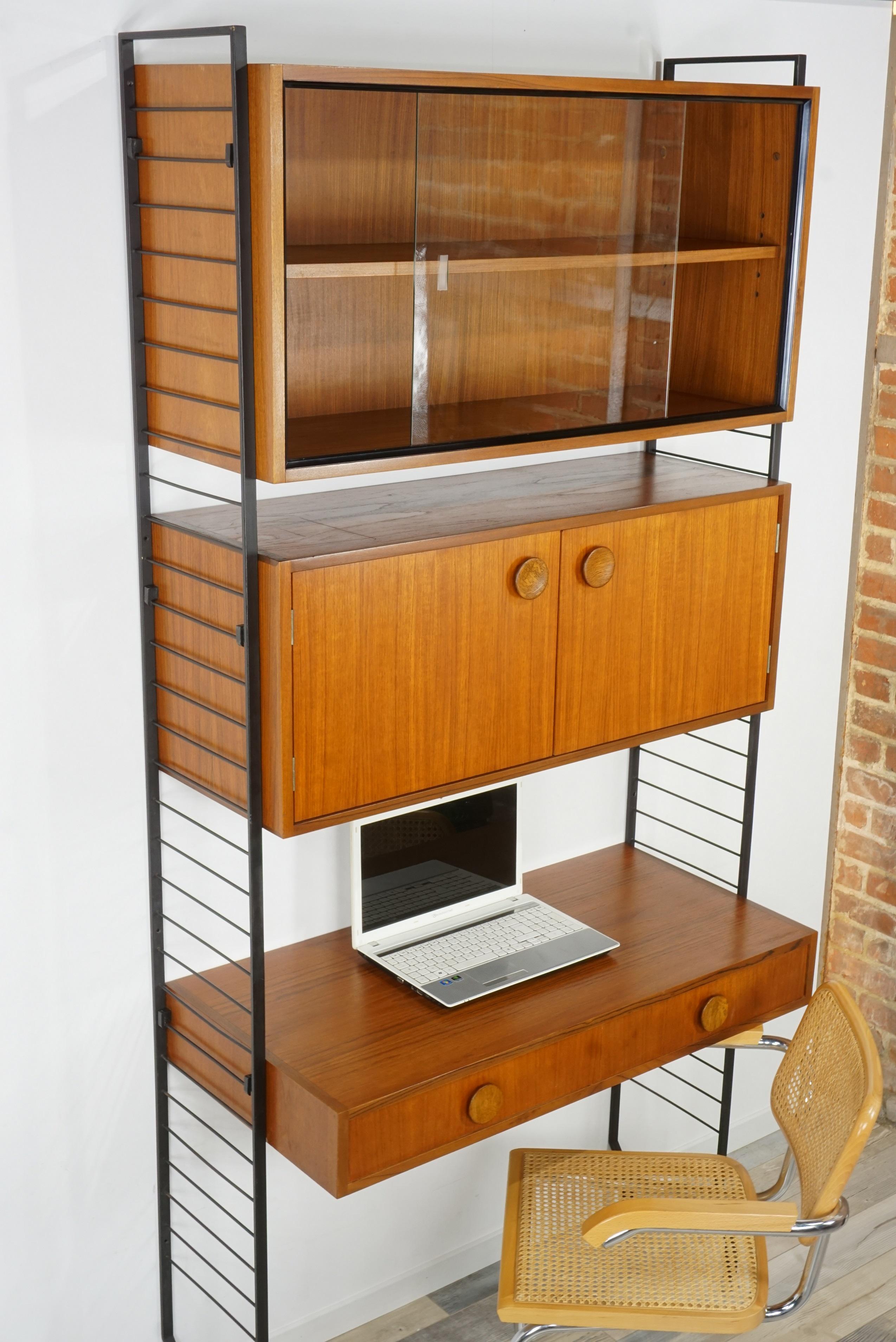 1950s Design Teak Wooden and Black Metal Wall Unit Shelves or Cabinet 12