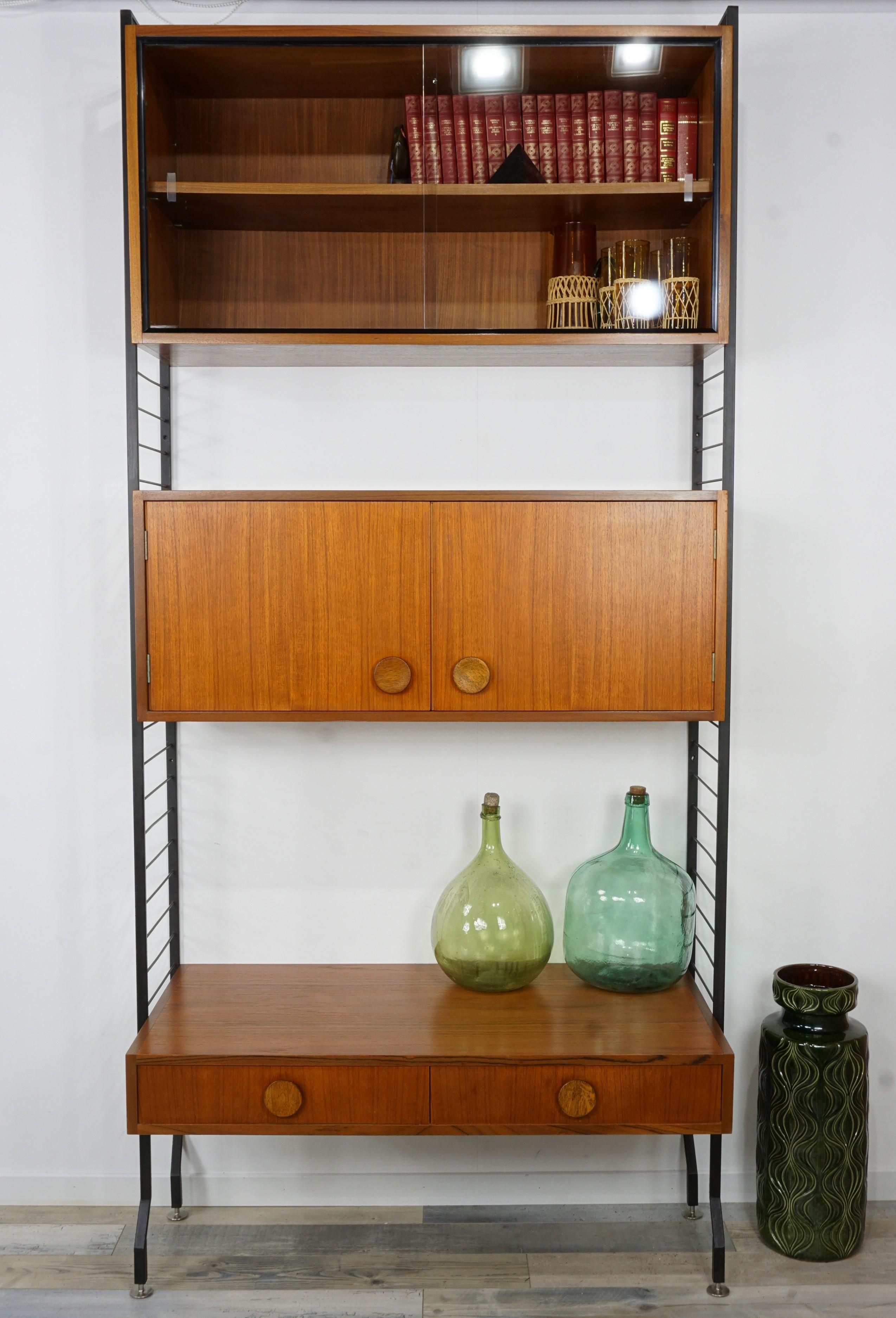Mid-Century Modern 1950s Design Teak Wooden and Black Metal Wall Unit Shelves or Cabinet