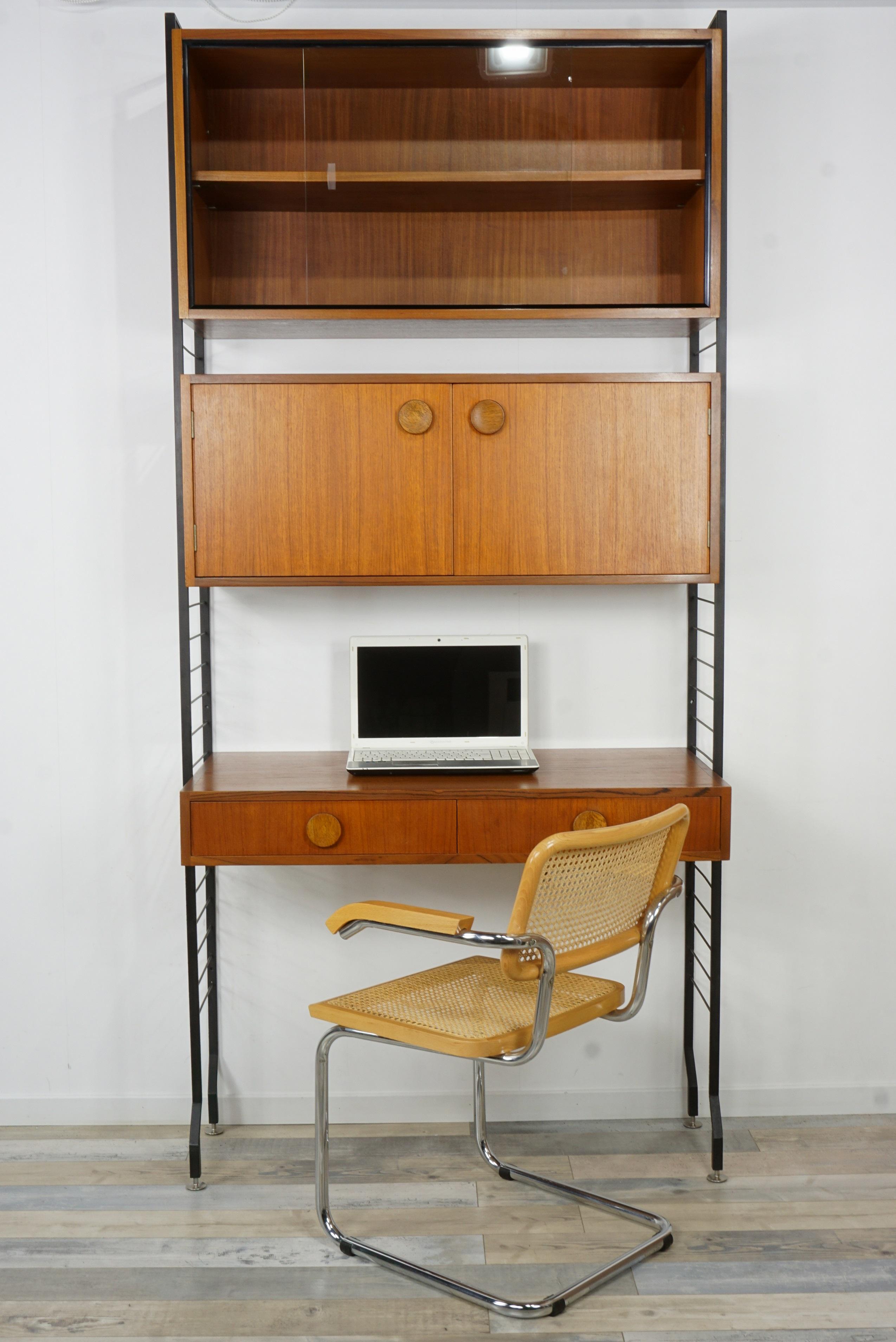 1950s Design Teak Wooden and Black Metal Wall Unit Shelves or Cabinet 13