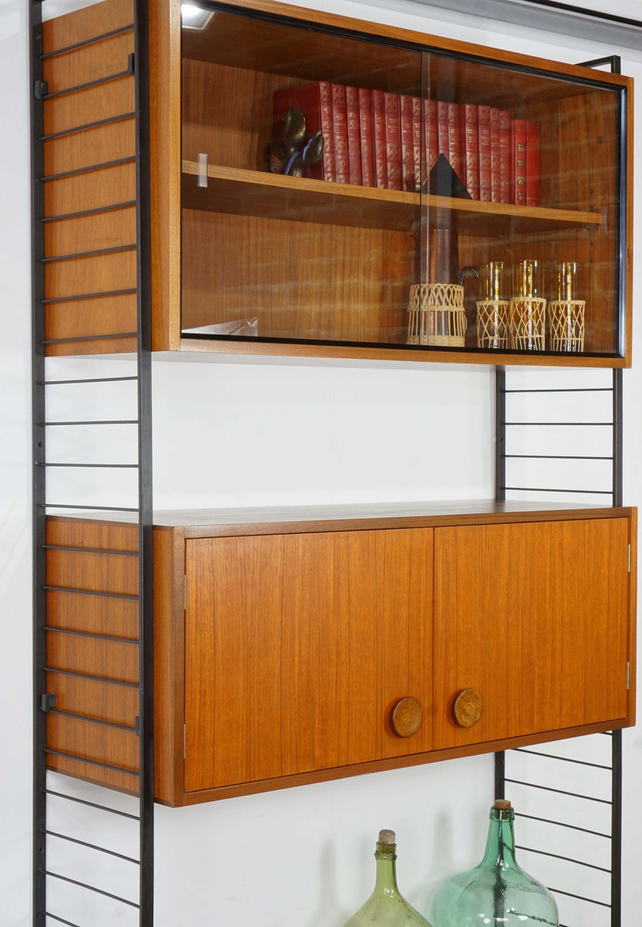 Belgian 1950s Design Teak Wooden and Black Metal Wall Unit Shelves or Cabinet