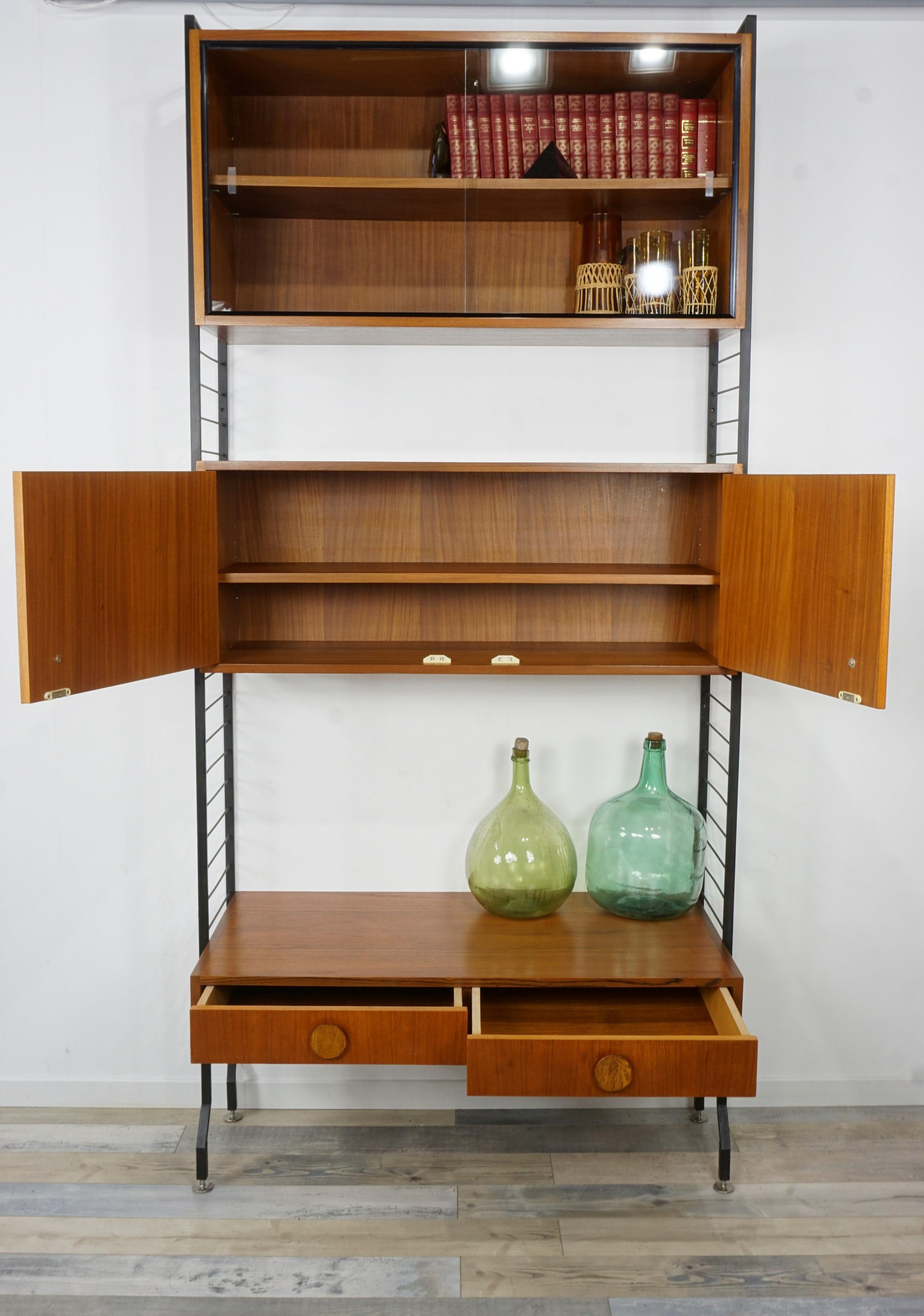 Mid-20th Century 1950s Design Teak Wooden and Black Metal Wall Unit Shelves or Cabinet