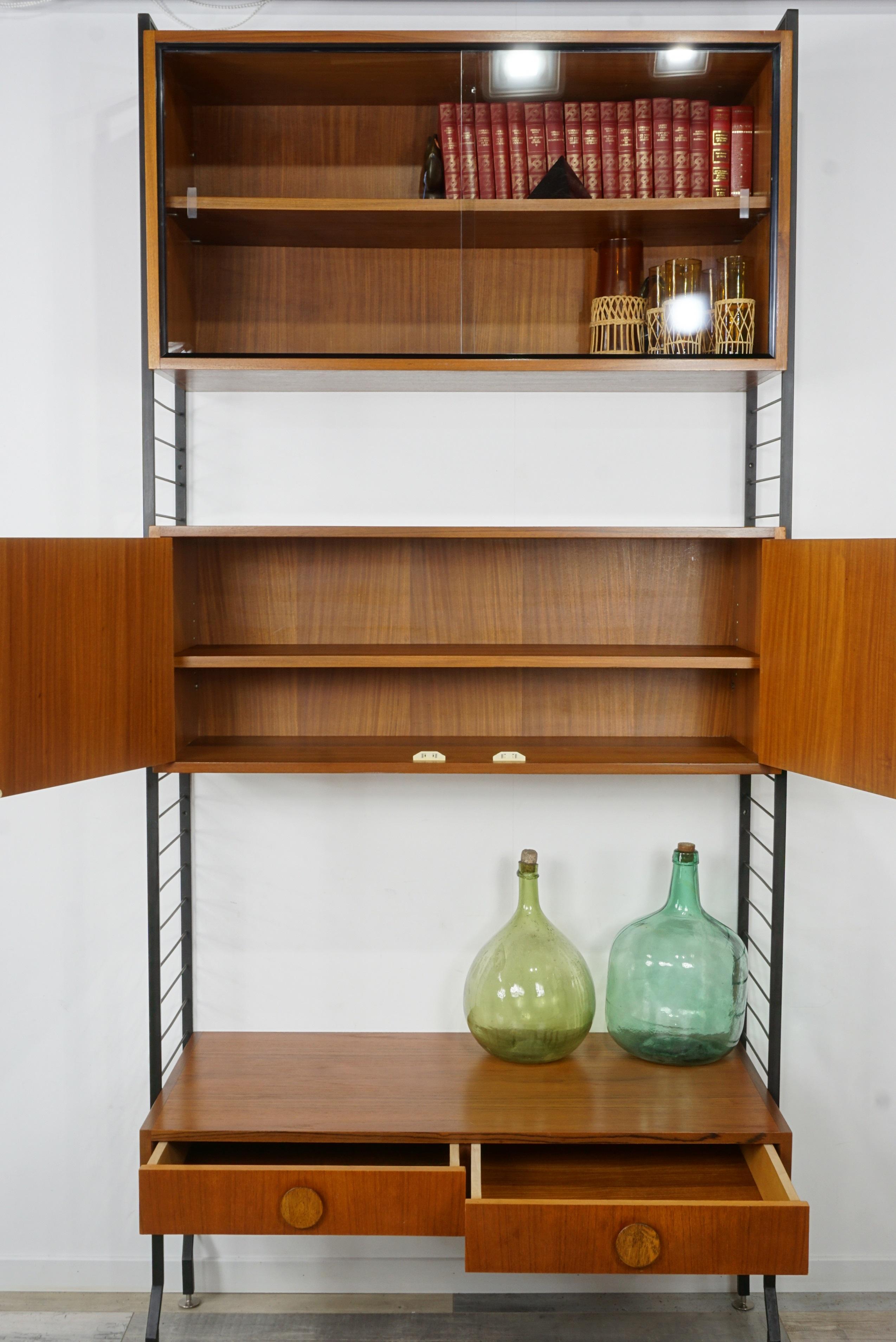 Glass 1950s Design Teak Wooden and Black Metal Wall Unit Shelves or Cabinet