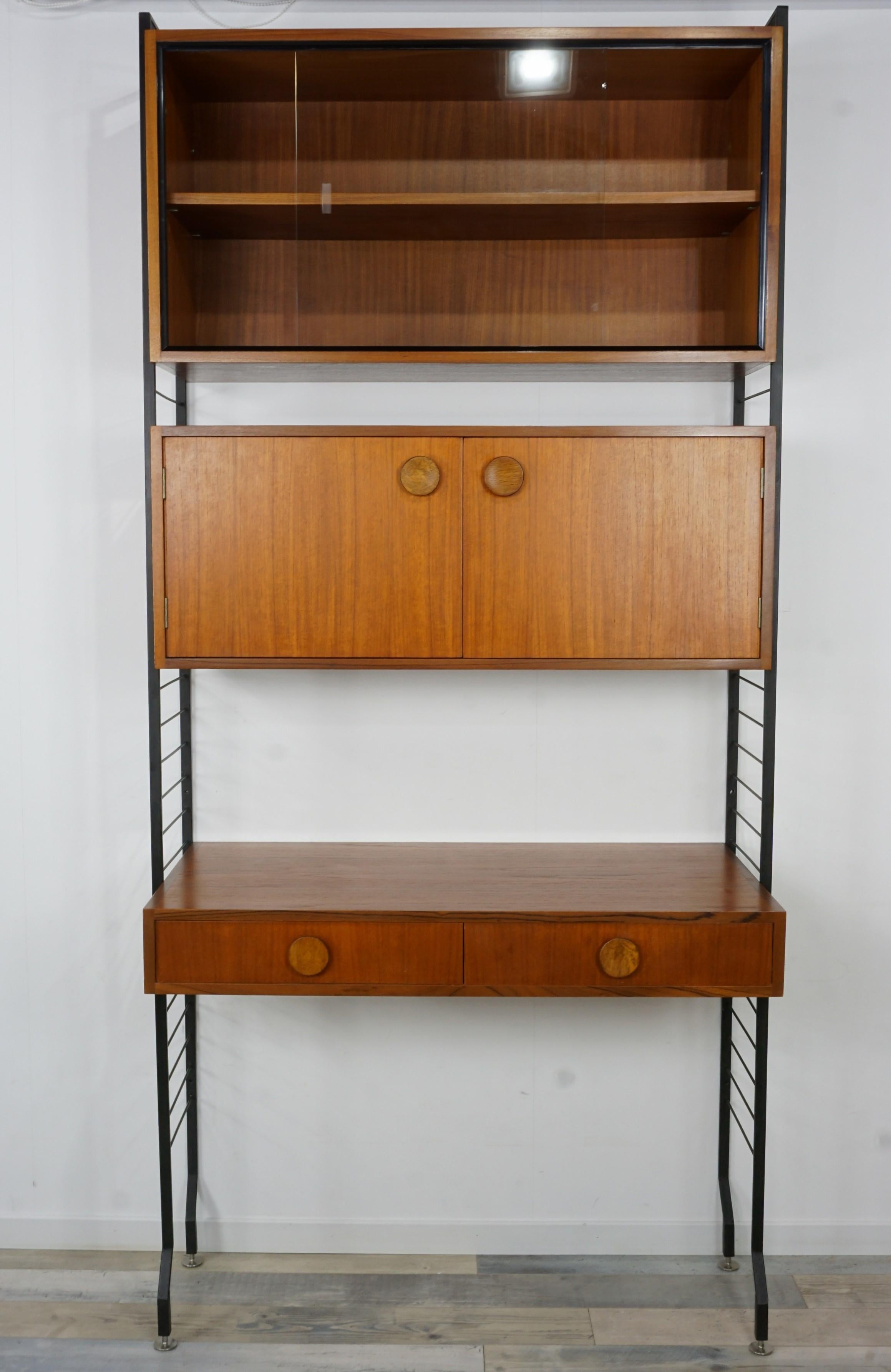 1950s Design Teak Wooden and Black Metal Wall Unit Shelves or Cabinet 2
