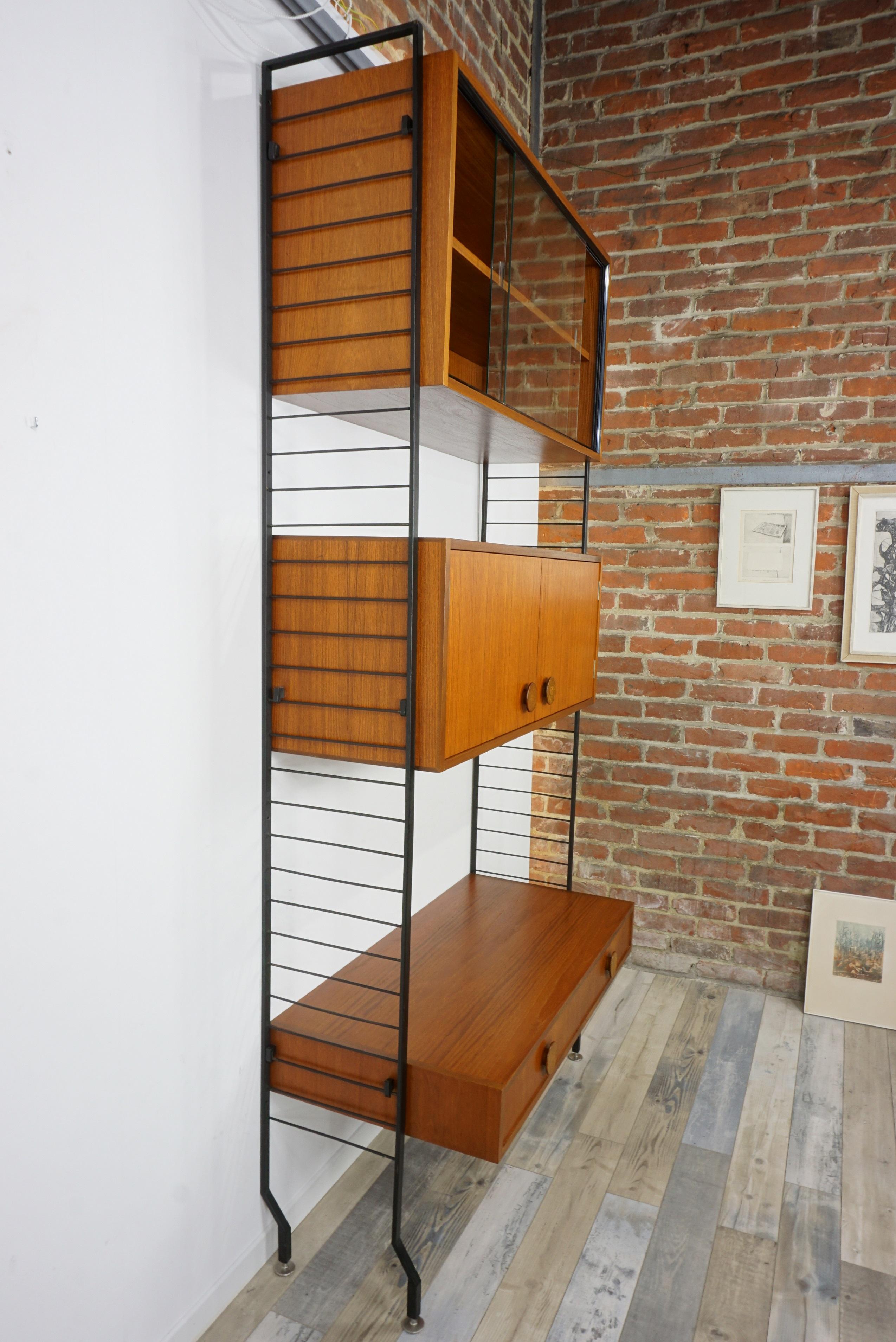 1950s Design Teak Wooden and Black Metal Wall Unit Shelves or Cabinet 3