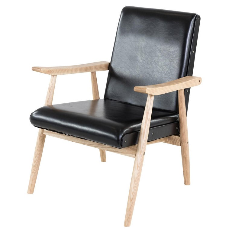 1950s Design Wooden And Black Faux Leather Armchair For Sale At 1stdibs