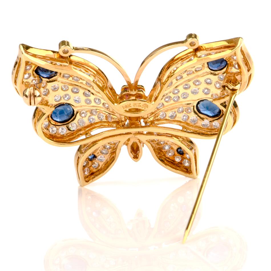 1950s Designer Butterfly Diamond Sapphire 18 Karat Gold Pin Brooch 1