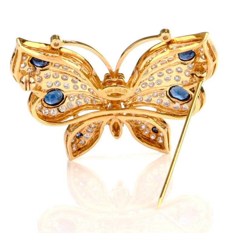 1950s Designer Butterfly Diamond Sapphire 18 Karat Gold Pin Brooch 2