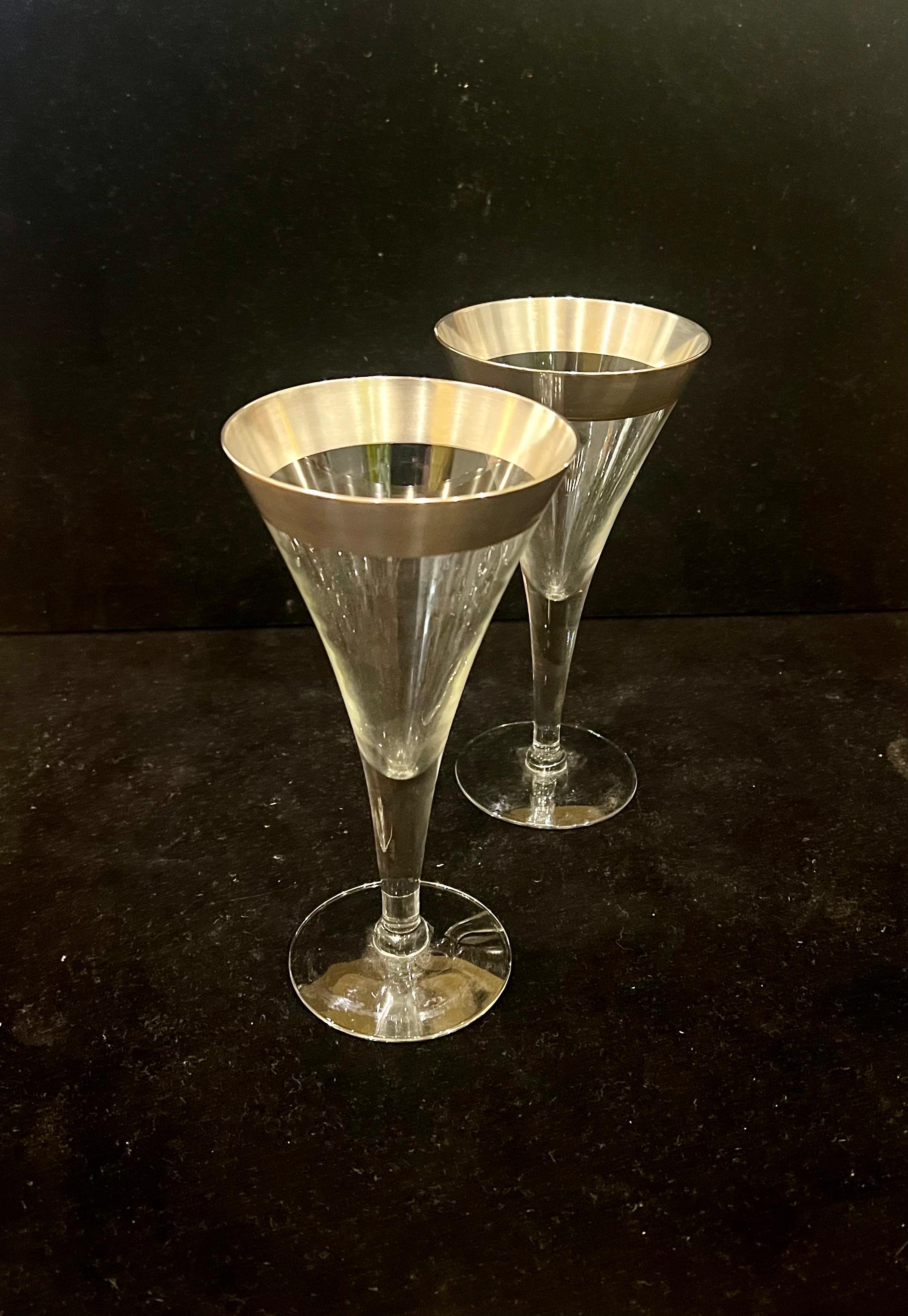 Mid-Century Modern 1950s Designer Dorothy Thorpe Pure Silver Band Barware Pair of Wine Glasses For Sale