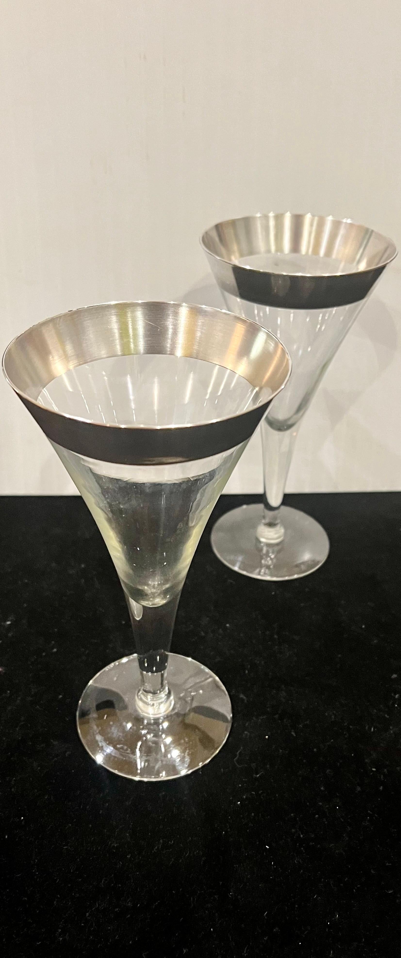 American 1950s Designer Dorothy Thorpe Pure Silver Band Barware Pair of Wine Glasses For Sale