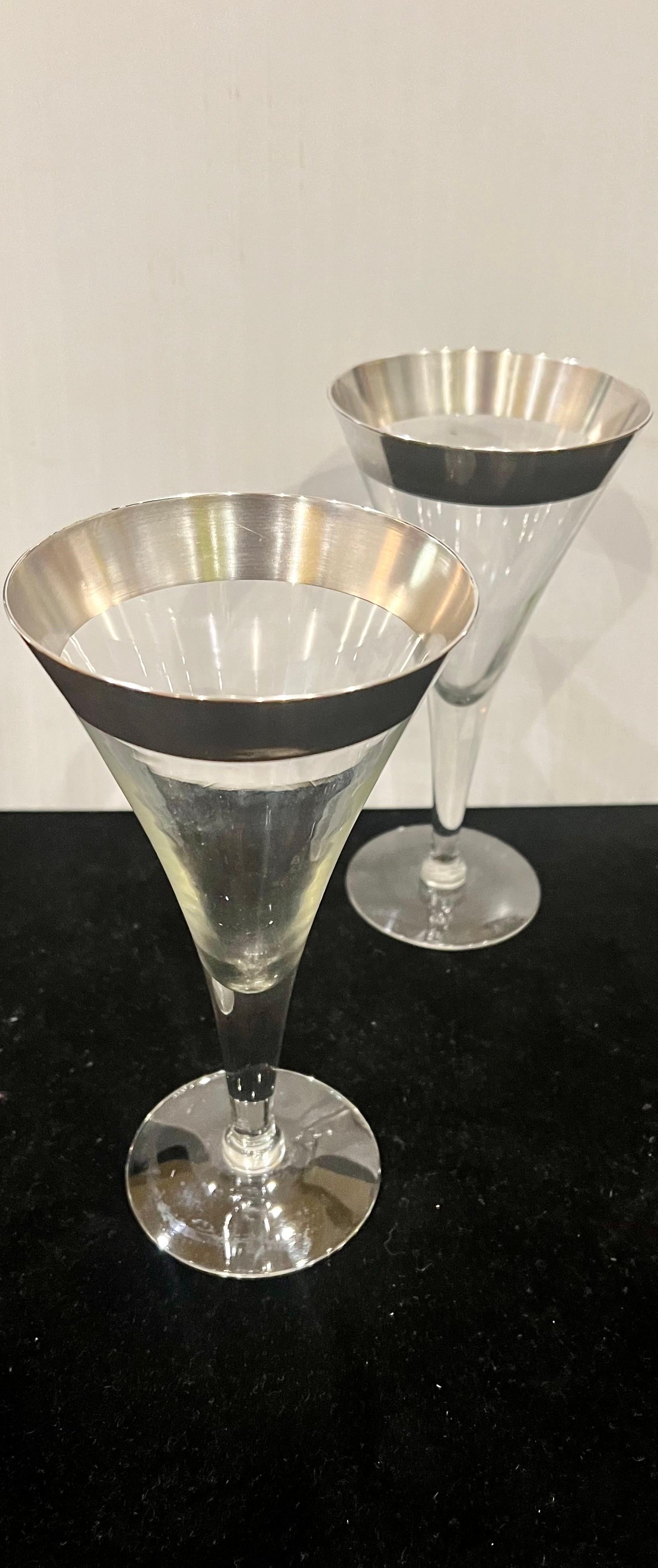 Mid-Century Modern 1950s Designer Dorothy Thorpe Pure Silver Band Barware Pair of Wine Glasses