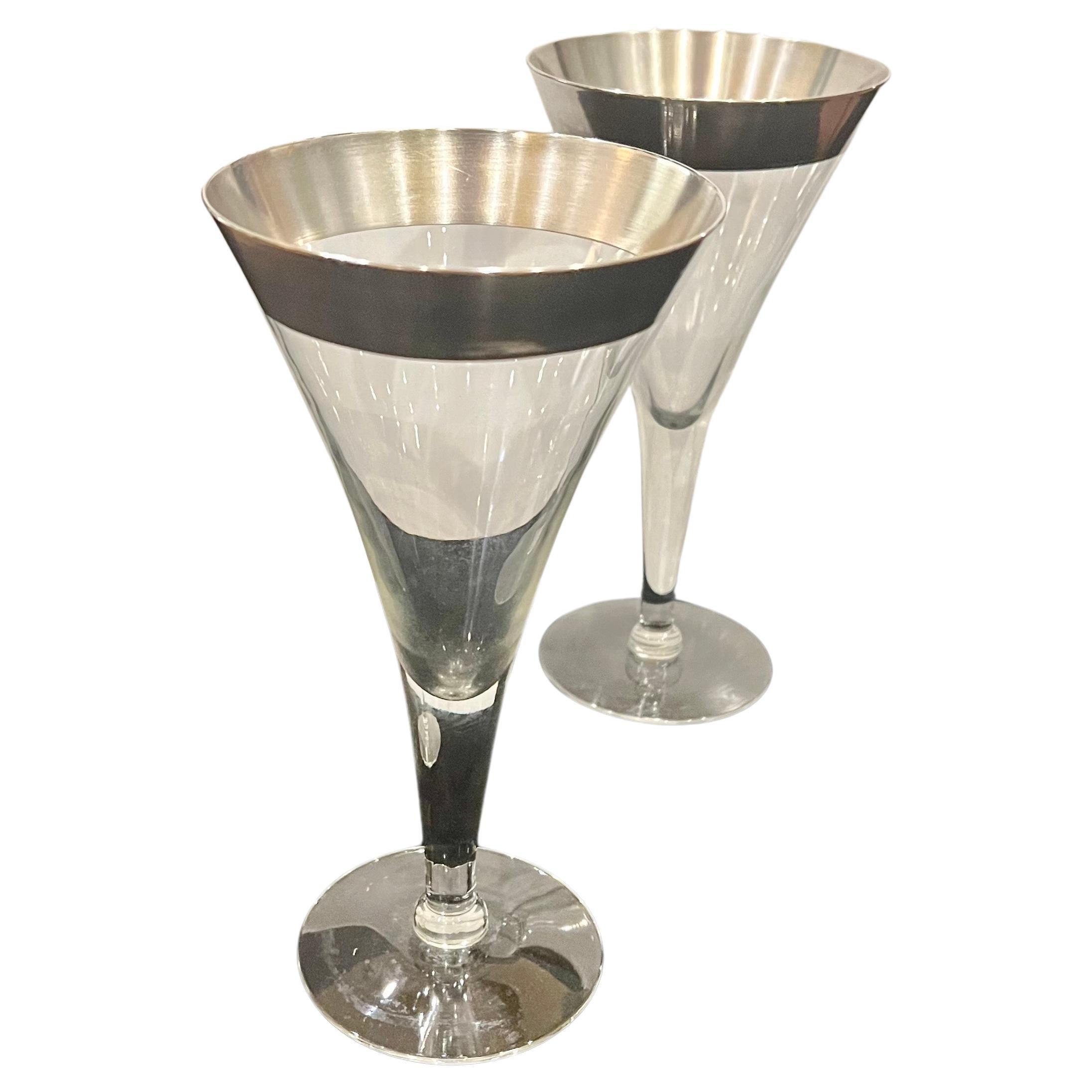 1950s Designer Dorothy Thorpe Pure Silver Band Barware Pair of Wine Glasses For Sale