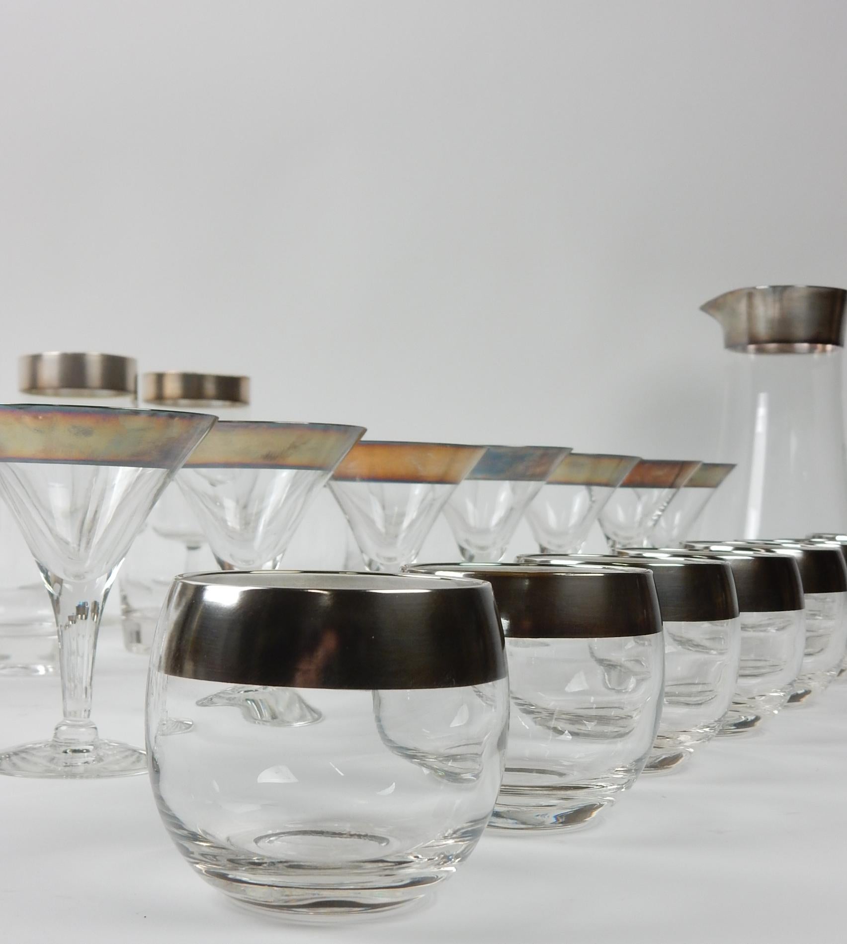 Mid-Century Modern 1950s Designer Dorothy Thorpe Pure Silver Band Barware Glasses, Set of 29pcs