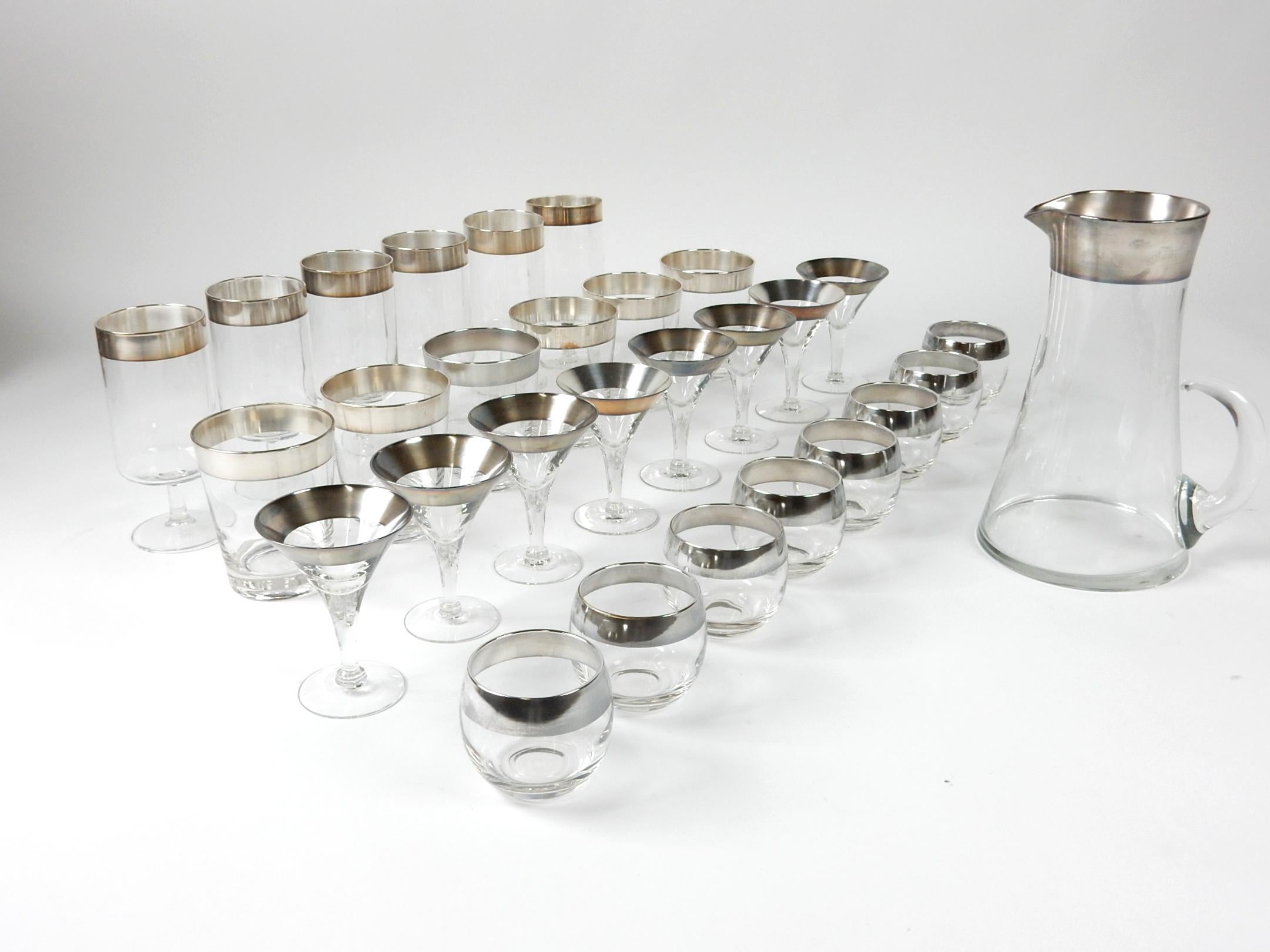 20th Century 1950s Designer Dorothy Thorpe Pure Silver Band Barware Glasses, Set of 29pcs