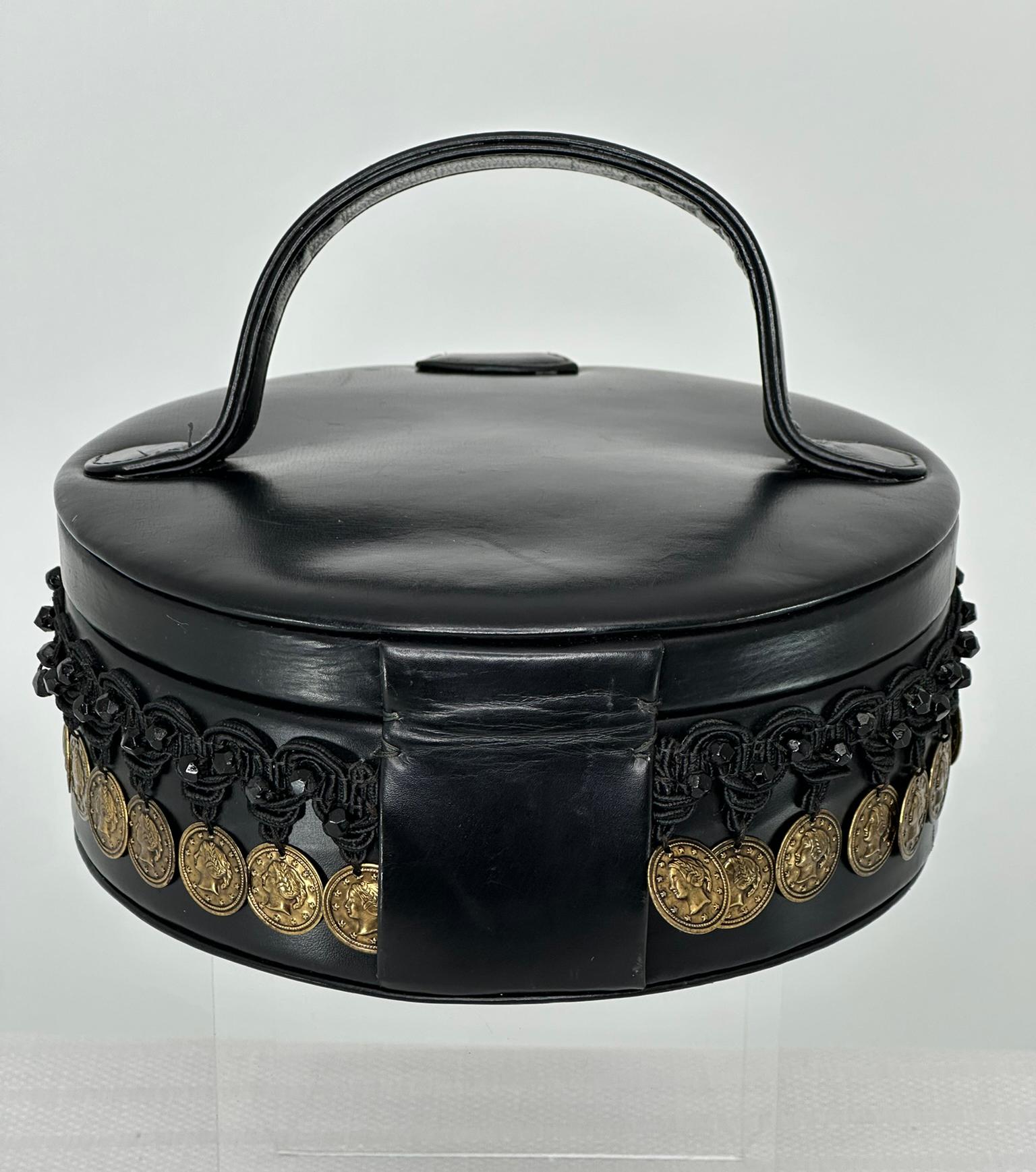 1950 Deutz Nero Maniglia superiore in pelle Moneta d'oro e perline Borsa novità Vtg. in vendita 1