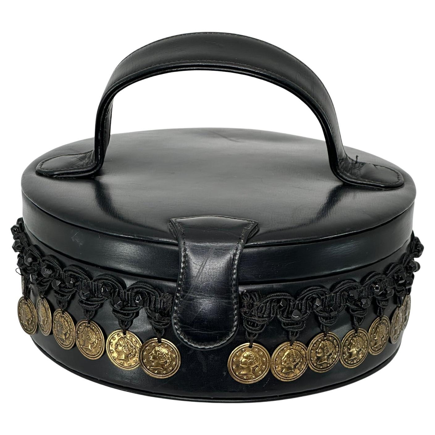 1950 Deutz Nero Maniglia superiore in pelle Moneta d'oro e perline Borsa novità Vtg. in vendita