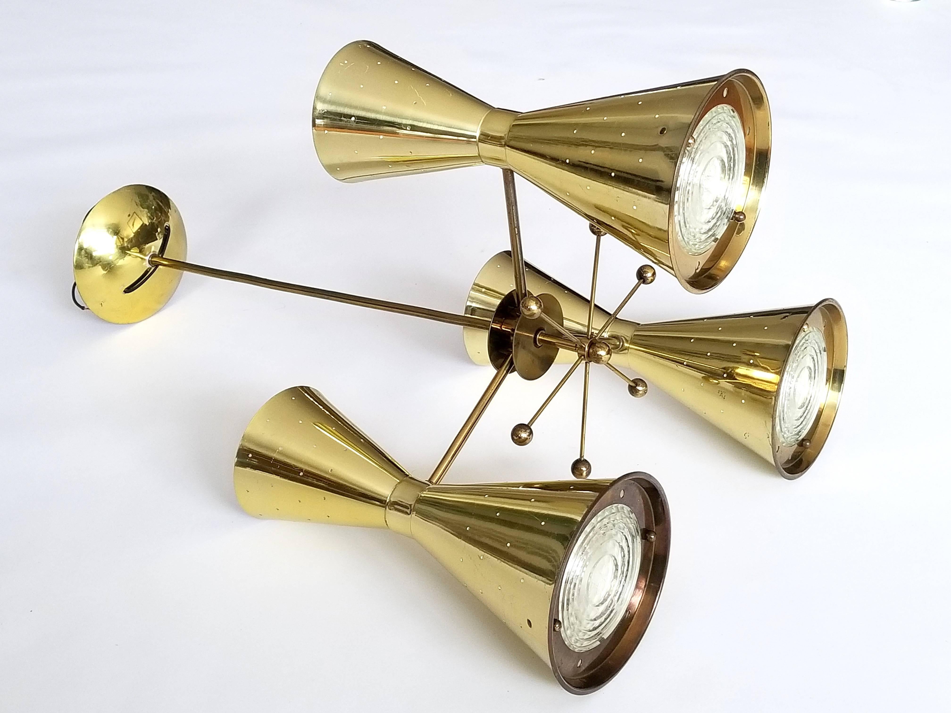 1950s Diabolo, Hourglass Pierced Brass-Plated Chandelier with Glass Lens 4