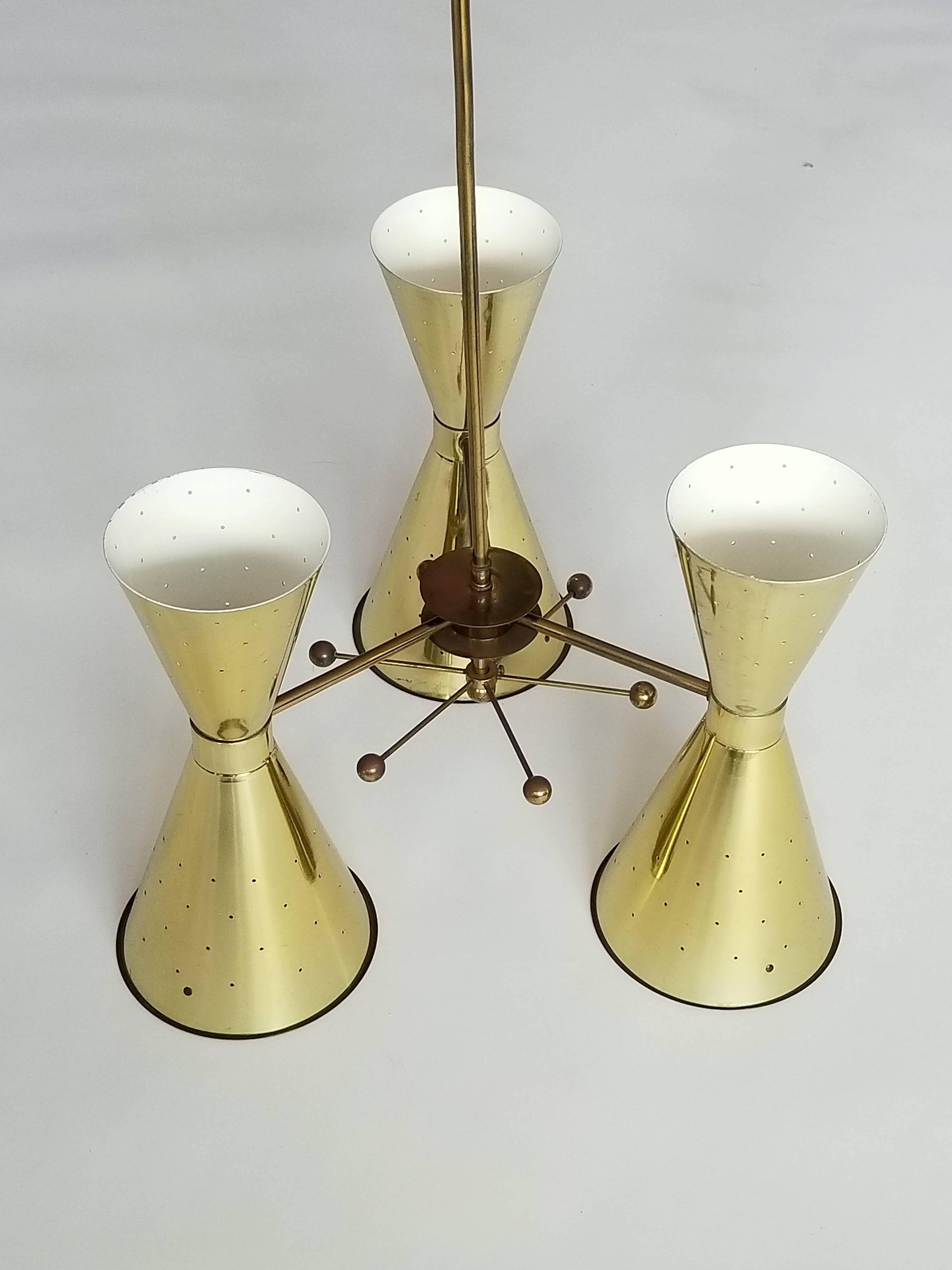 1950s Diabolo, Hourglass Pierced Brass-Plated Chandelier with Glass Lens 6